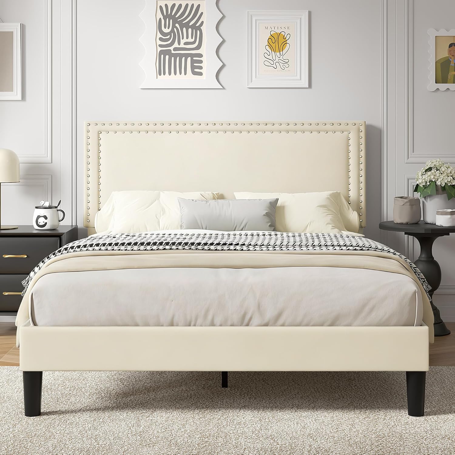 VECELO Full Size Platform Bed Frame with Height Adjustable Upholstered Headboard, Modern Mattress Foundation,Strong Wood Slat Support, No Box Spring Needed, Easy Assembly,Beige