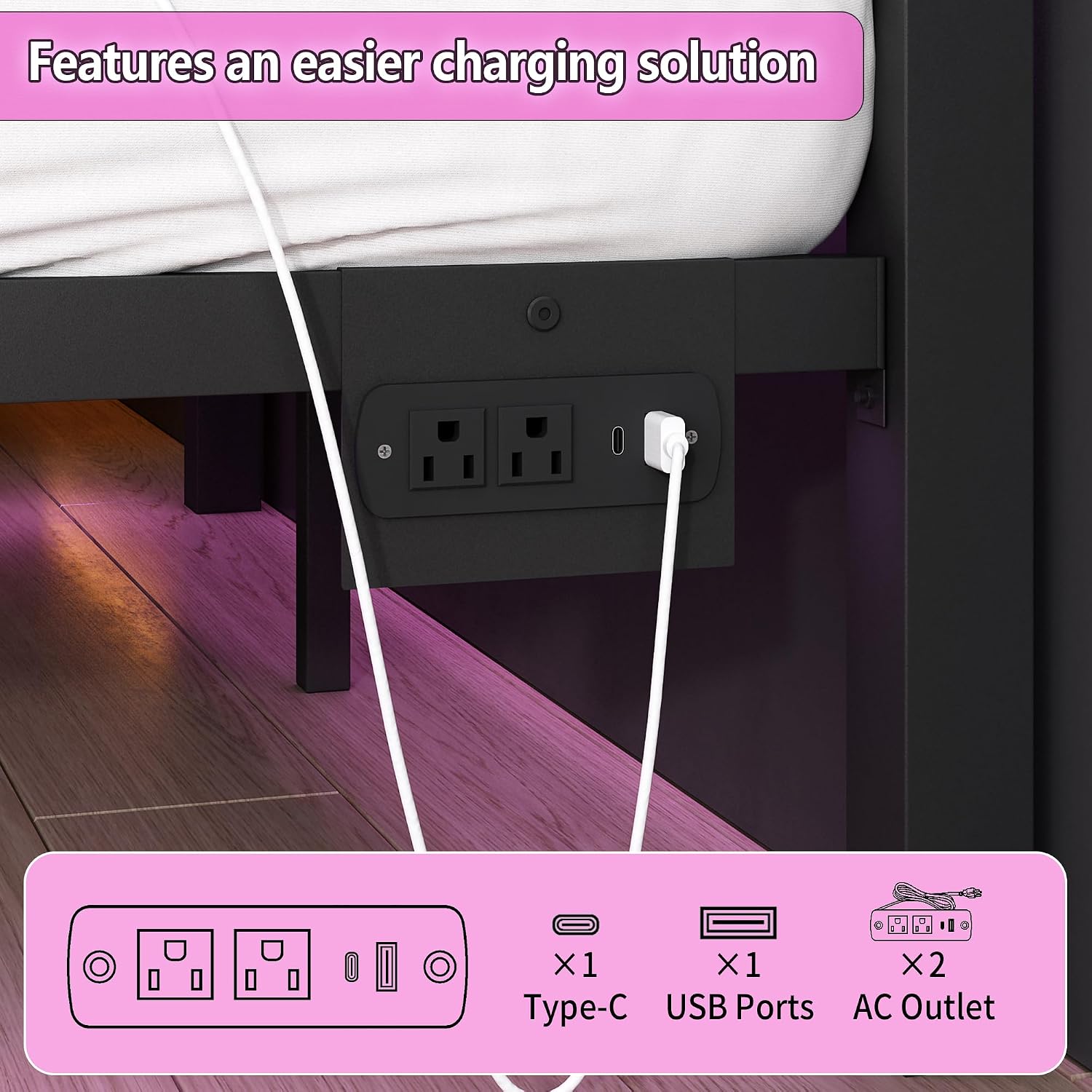 CLIBFENG Queen Size Bed Frame with Headboard and Footboard,Steel Slats Support-LED Bed Frame with USB Charging Station,Mattress Foundation-Under Bed Storage,No Box Spring Needed,Noise Free,Black