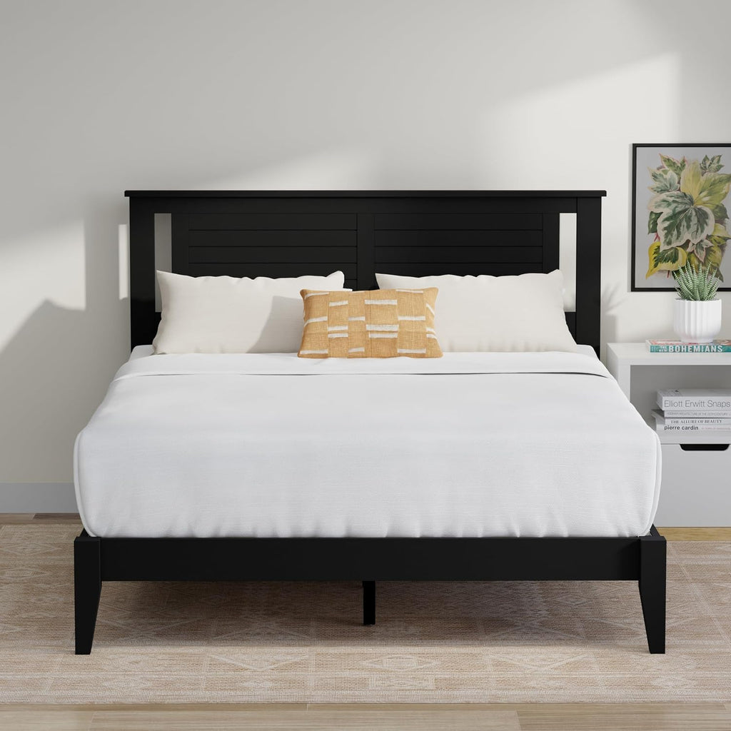 ComfIQ Solid Wood Platform Bed with Wooden Slats – Durable Frame, No Box Spring Required, Ample Underbed Storage, Black, Queen, Bed and Horizontal Slat Headboard