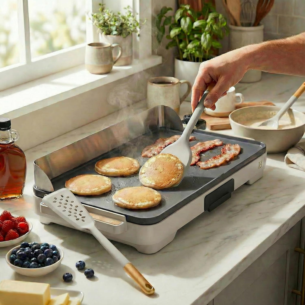 XL Electric Griddle 12' x 22' with Ceramic Nonstick Coating and Removable Heat Control with 3-Piece Silicone Spoon, Porcini Taupe Flat Top Electric Grill with Drip Tray and Backsplash