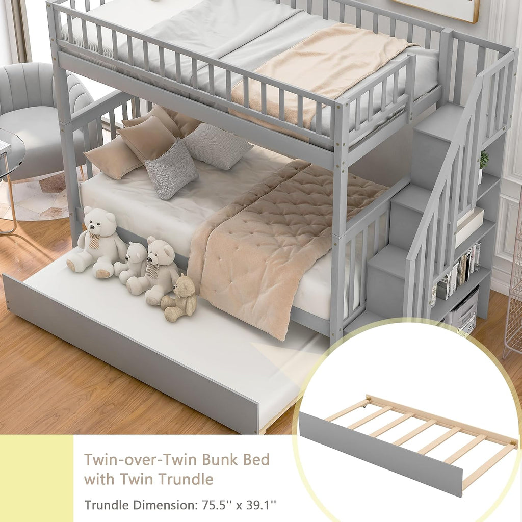 Harper & Bright Designs Twin-Over-Twin Bunk Bed with Trundle and Storage Staircase, Solid Wood 3 in 1 Stairway Bunk Bed with Trundle