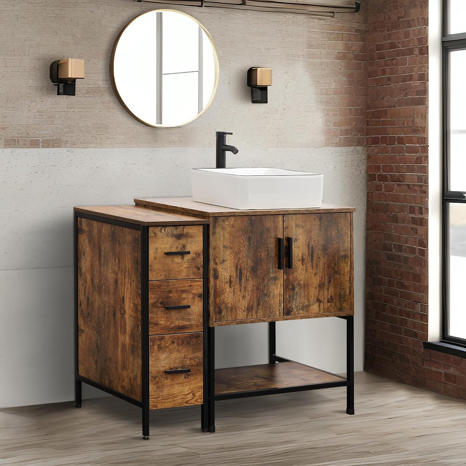 UEV 42' Rustic Brown Bathroom Vanity with Sink Combo,Industrial Iron Frame Bathroom Cabinet Sets with 3 Drawers Side Cabinet,Modern Artistic Ceramic Vessel Sink(031WH)