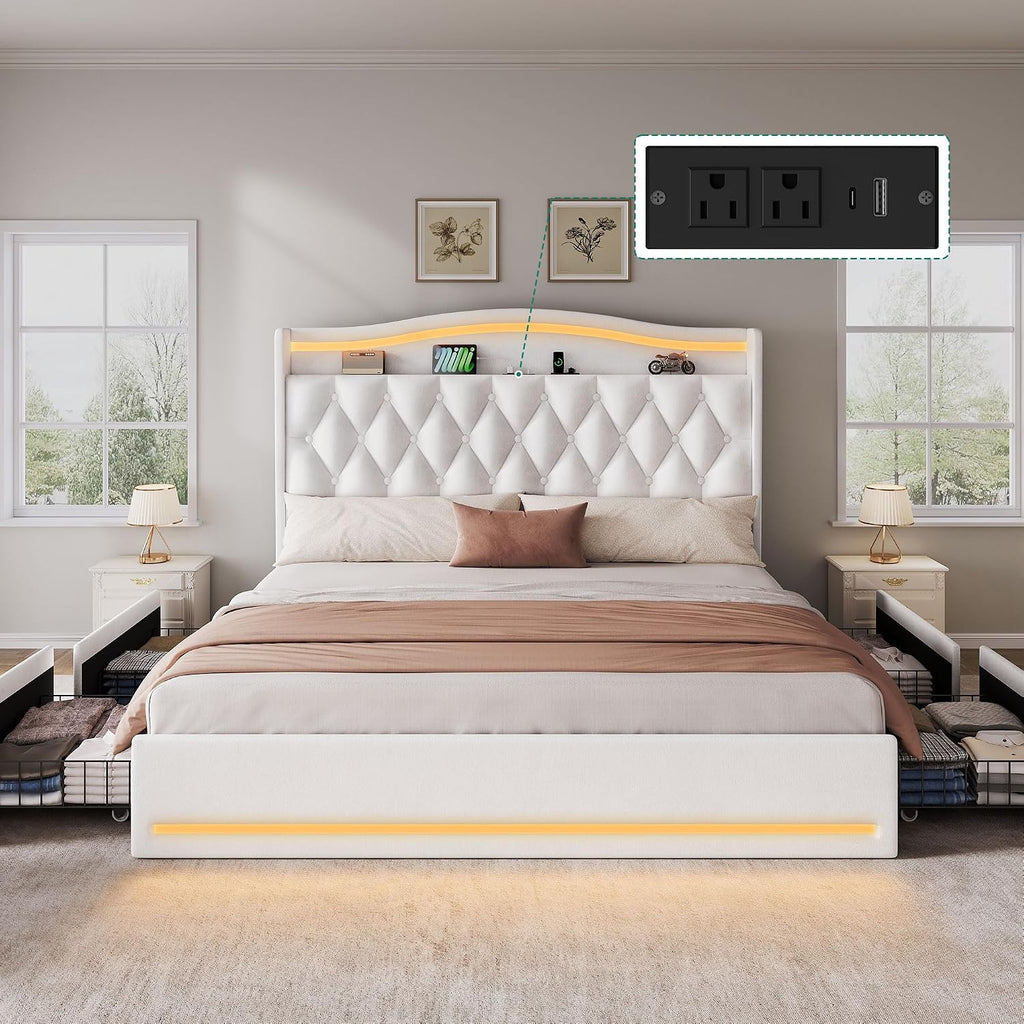 YITAHOME King Size Bed Frame with 4 Storage Drawers and RGB LED Lights, 57'' Tall Headboard Velvet Upholstered Bed with Charging Station, No Box Spring Needed, Easy Assembly, Noise-Free, White
