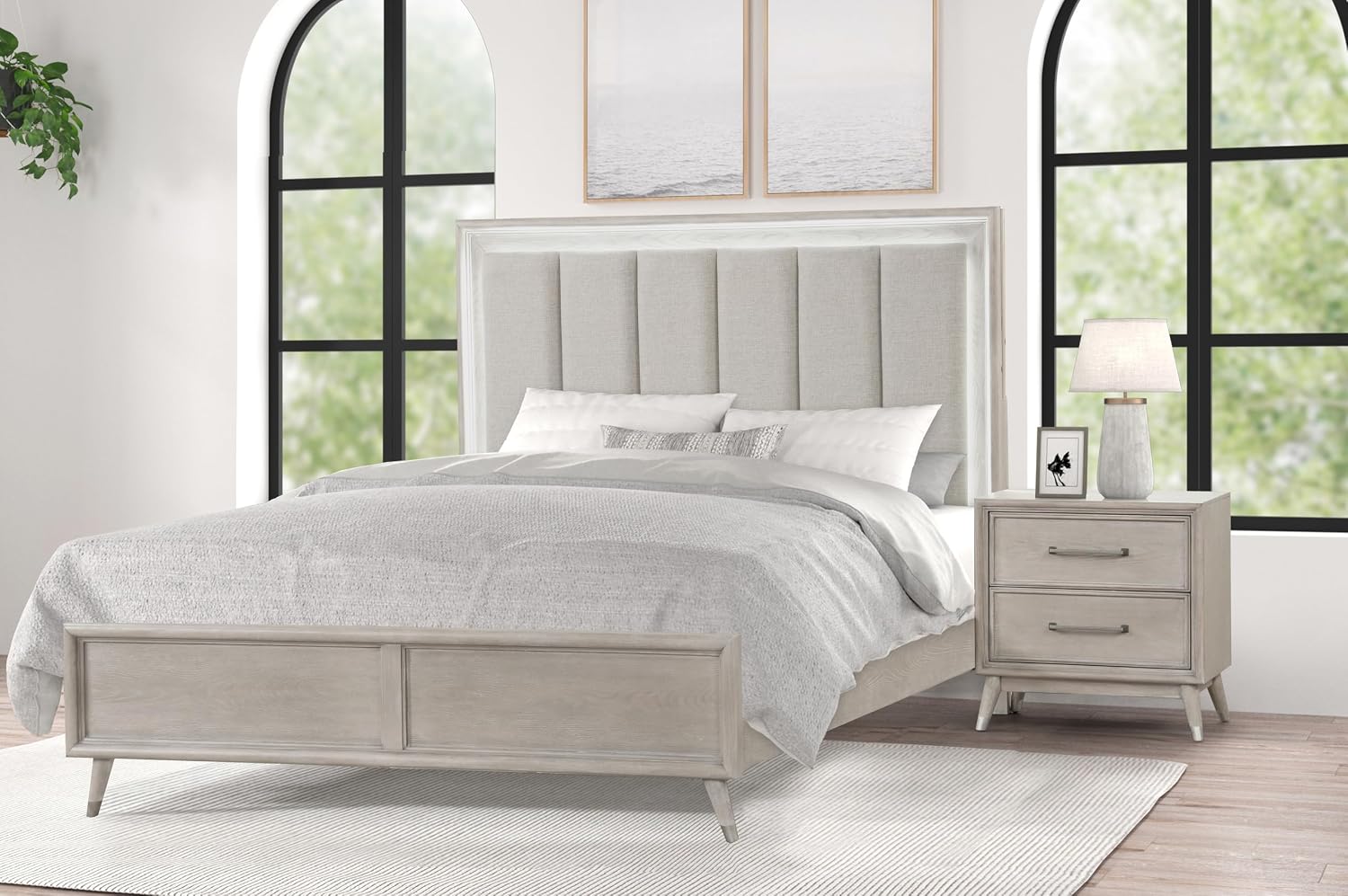 Roundhill Furniture Seluna 4-Piece Bedroom Set with Touch LED Lighting, Gray Oak Finish, King