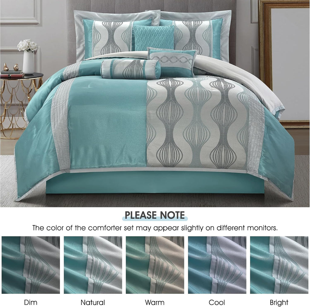 LANCO MODERN LIFESTYLE King Comforter Set, Blue, 7 Pieces in a Bag, Ultra Soft Jacquard with Solid Piecework, Luxury Bed Set with Comforters, Bed Skirt, Pillow Shams and Decorative Pillows