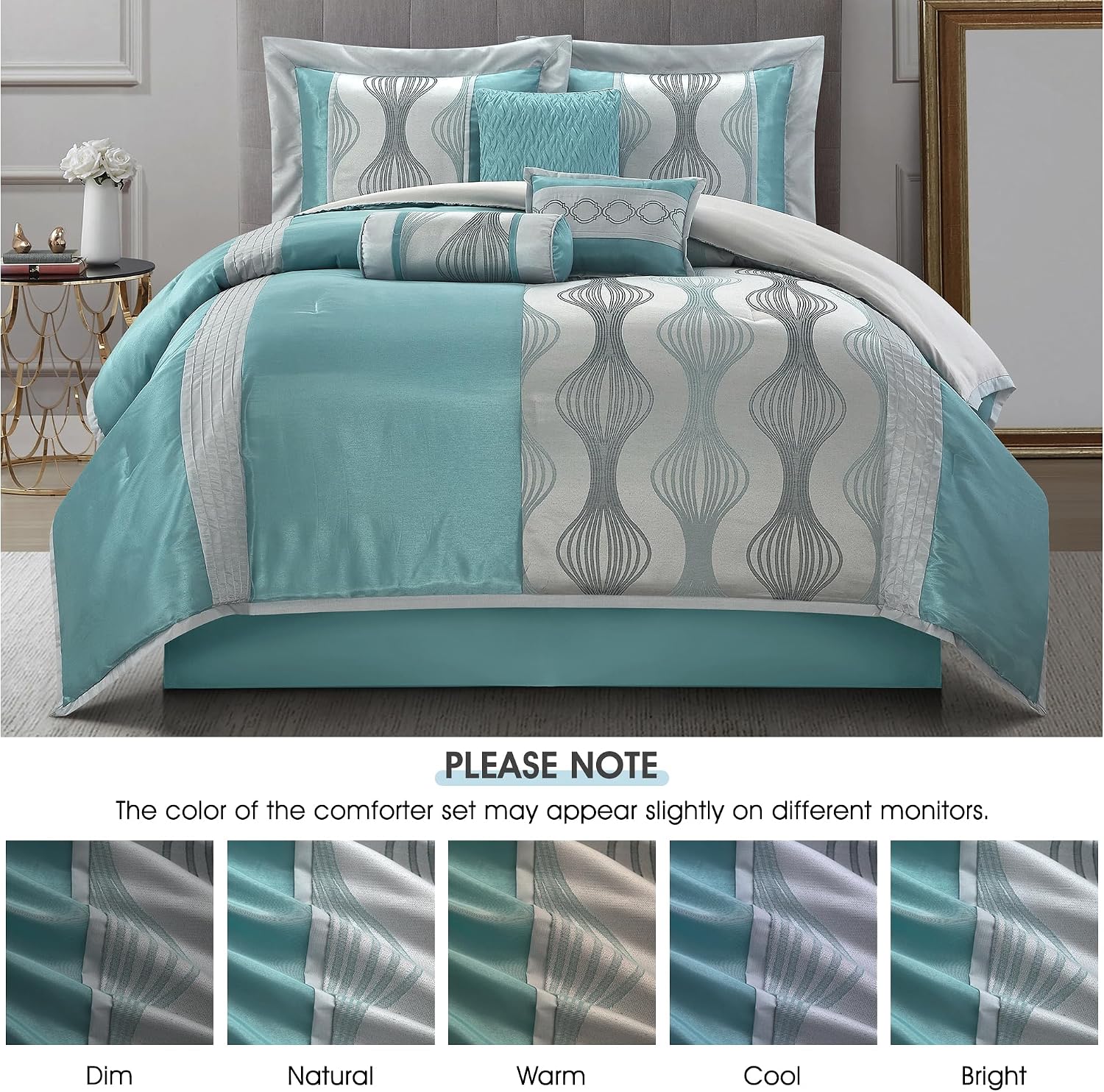 LANCO MODERN LIFESTYLE King Comforter Set, Blue, 7 Pieces in a Bag, Ultra Soft Jacquard with Solid Piecework, Luxury Bed Set with Comforters, Bed Skirt, Pillow Shams and Decorative Pillows