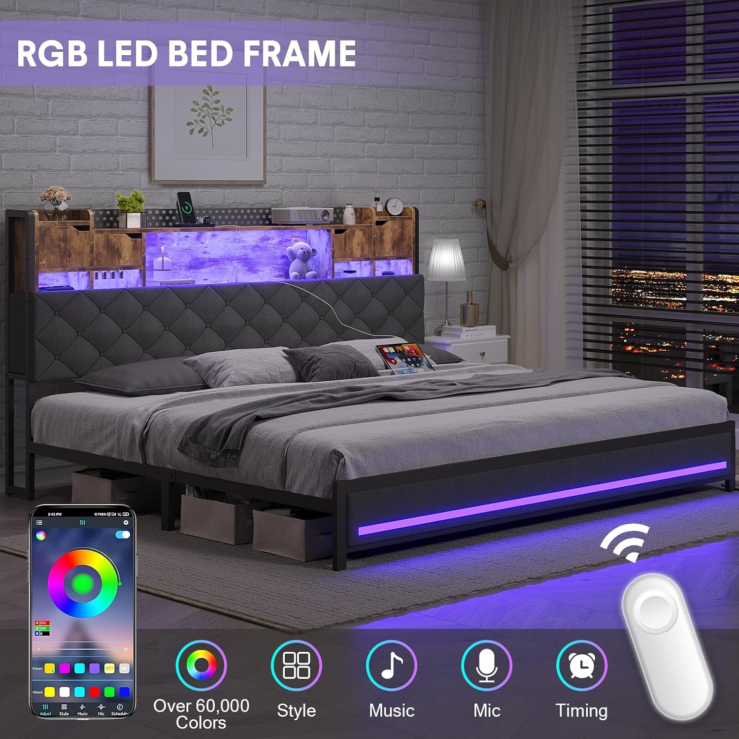 Dnxao King Size Bed Frame with Storage and Upholstered Headboard,Heavy Duty Metal Platform Bed with LED Lights,Charging Station & Hidden Shelves,Noise-Free,No Box Spring Needed,1200lbs,Gray