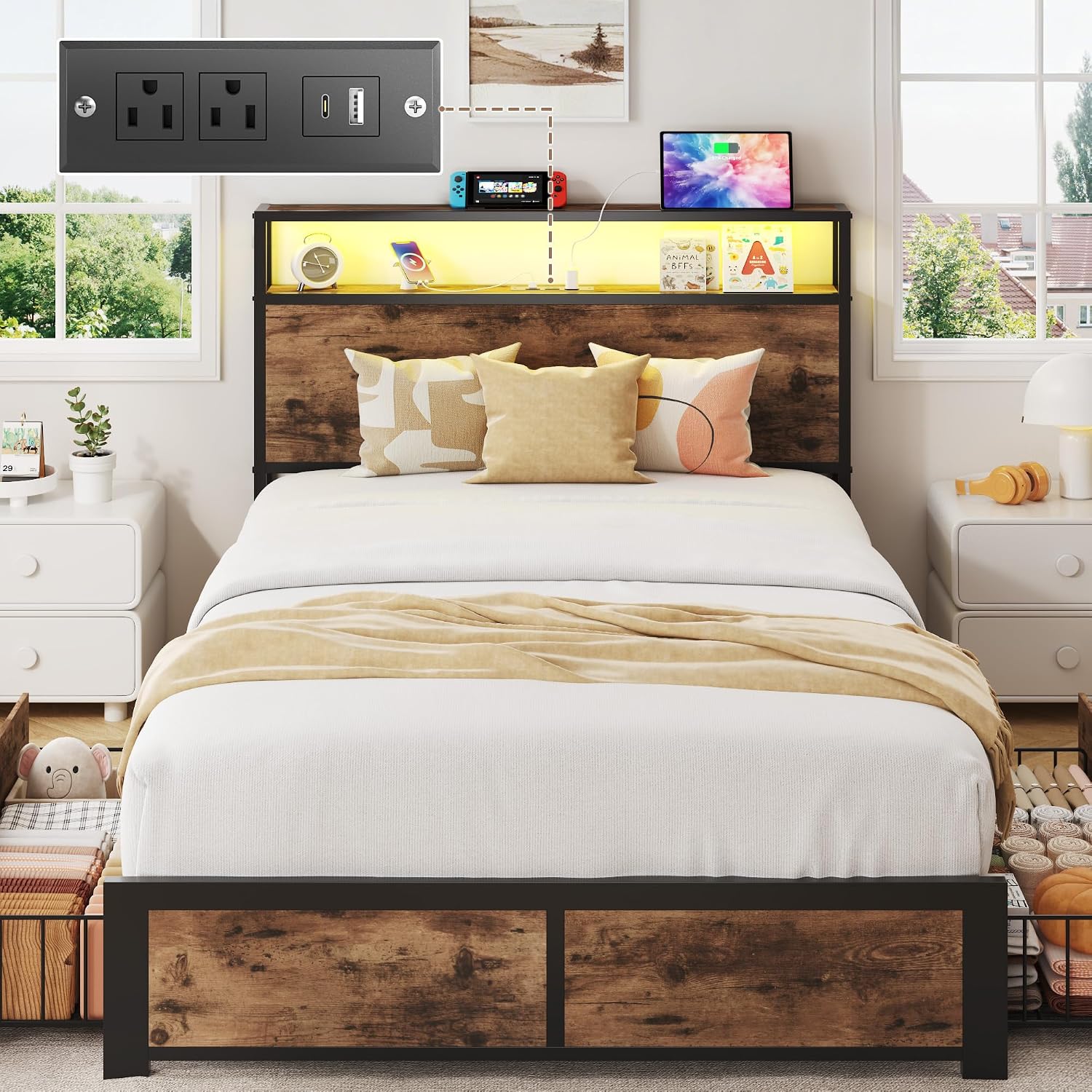 PHGLL Twin Bed Frame with 2-Tier Storage Headboard, Twin Size Metal Bed Frame with 2 Storage Drawers, 3-in-1 Charging Station & RGB LED, Noise-Free/Metal Support/No Box Spring Needed, Rustic Brown