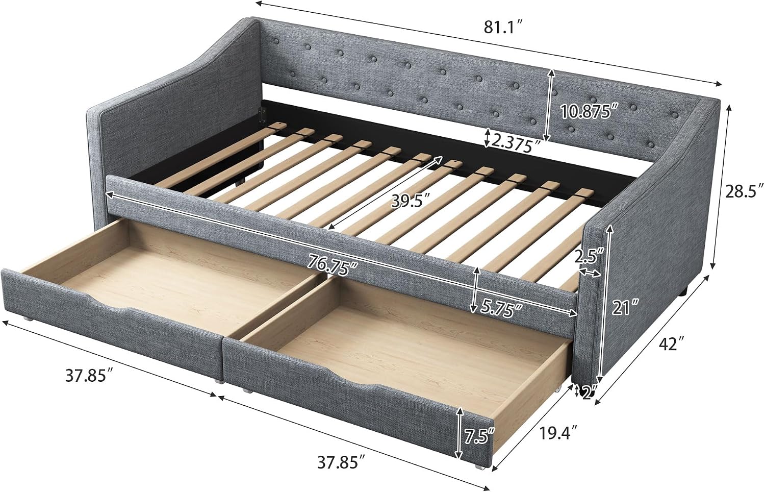 Ball & Cast Twin Size Daybed with Two Drawers and Linen Upholstered,Wood Bed Frame w/Button Tufted Back and Waved Shape Arms,Slats Support,for Apartment,Bedroom,Light Grey