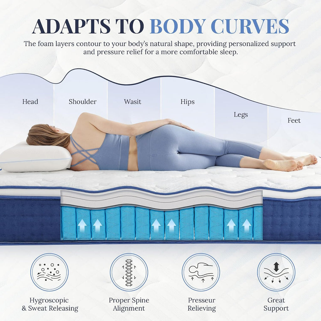 Queen Size Mattress, 10 Inch Queen Size Hybrid Mattresses in a Box, Medium Feel Foam and Individual Pocket Springs, Fiberglass Free Bed Mattress, Extra Edge Support, Pressure Relief, CertiPUR-US, Blue