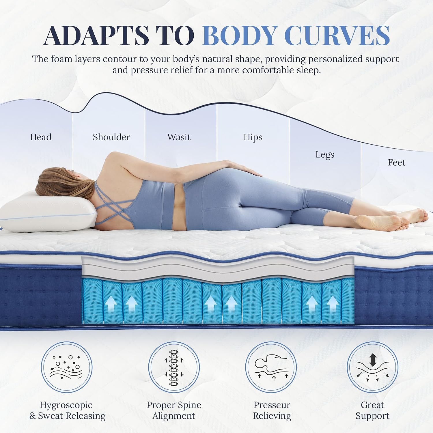 Queen Size Mattress, 10 Inch Queen Size Hybrid Mattresses in a Box, Medium Feel Foam and Individual Pocket Springs, Fiberglass Free Bed Mattress, Extra Edge Support, Pressure Relief, CertiPUR-US, Blue