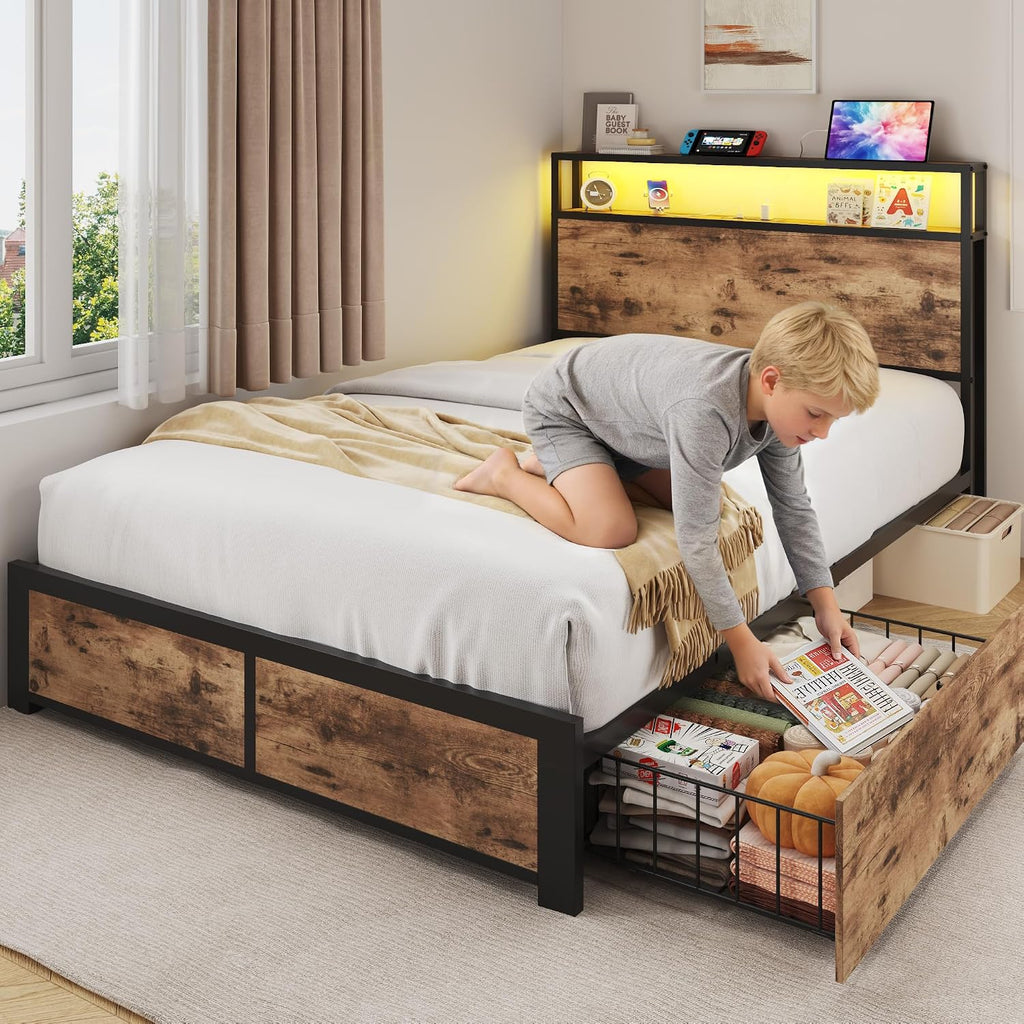 PHGLL Twin Bed Frame with 2-Tier Storage Headboard, Twin Size Metal Bed Frame with 2 Storage Drawers, 3-in-1 Charging Station & RGB LED, Noise-Free/Metal Support/No Box Spring Needed, Rustic Brown