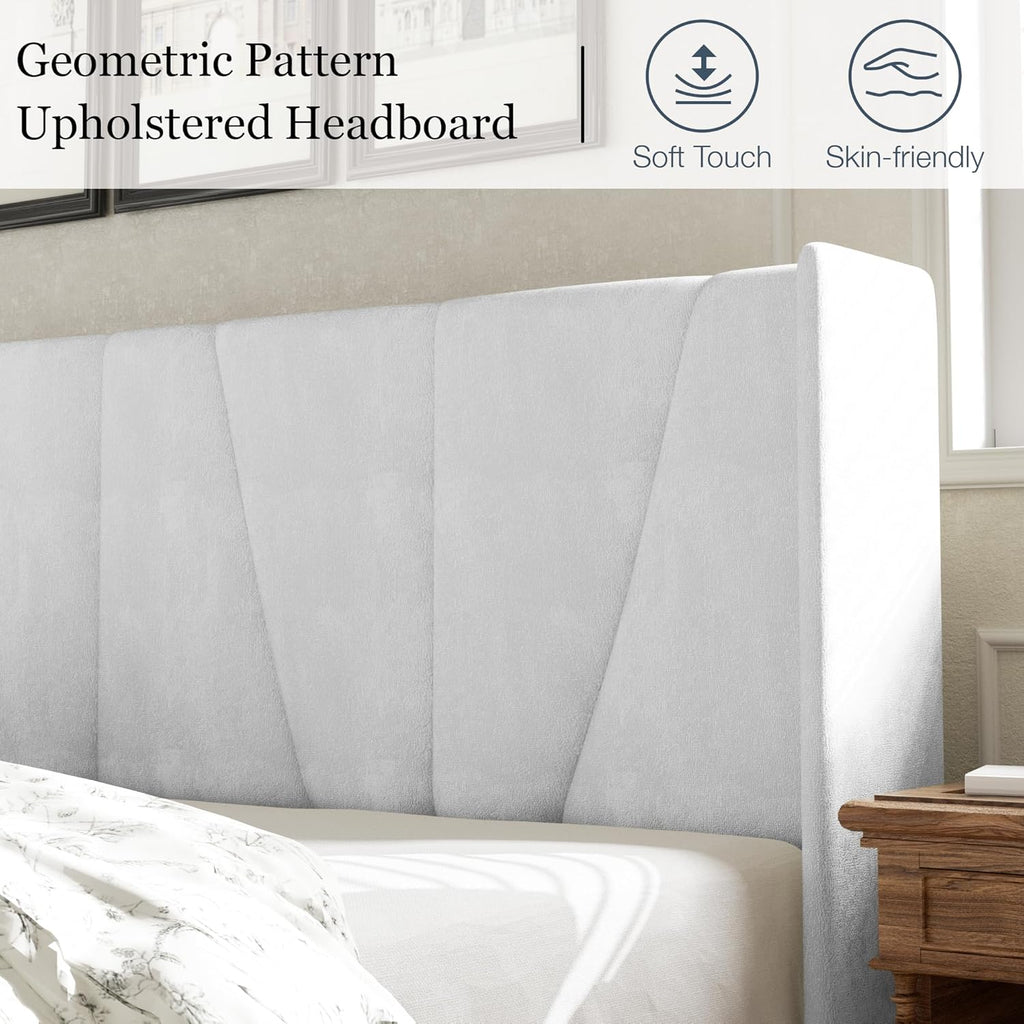 HAOARA Queen Bed Frame with Headboard, Velvet Upholstered Platform Bed Frames with Wingboard, Contemporary Mattress Foundation, Noise Free, No Box Spring Needed, Easy Assembly, White