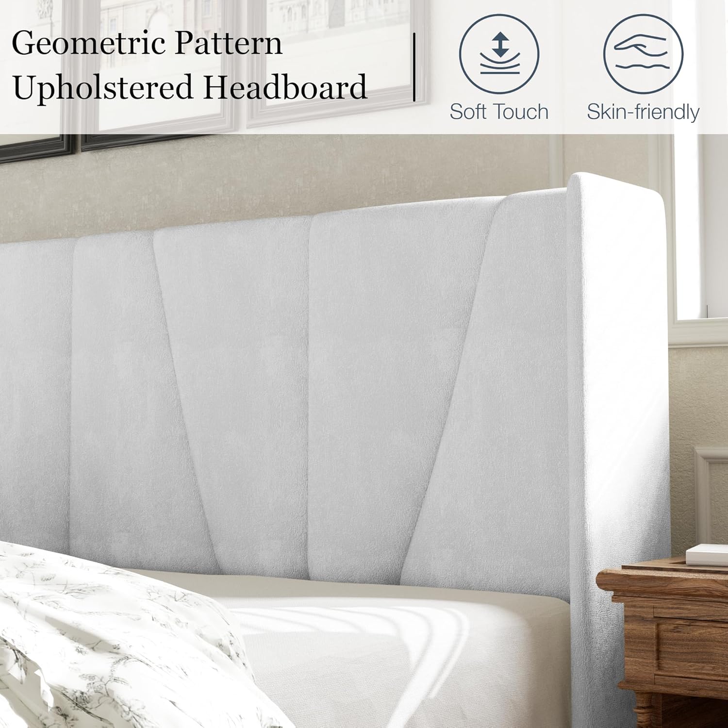 HAOARA Queen Bed Frame with Headboard, Velvet Upholstered Platform Bed Frames with Wingboard, Contemporary Mattress Foundation, Noise Free, No Box Spring Needed, Easy Assembly, White