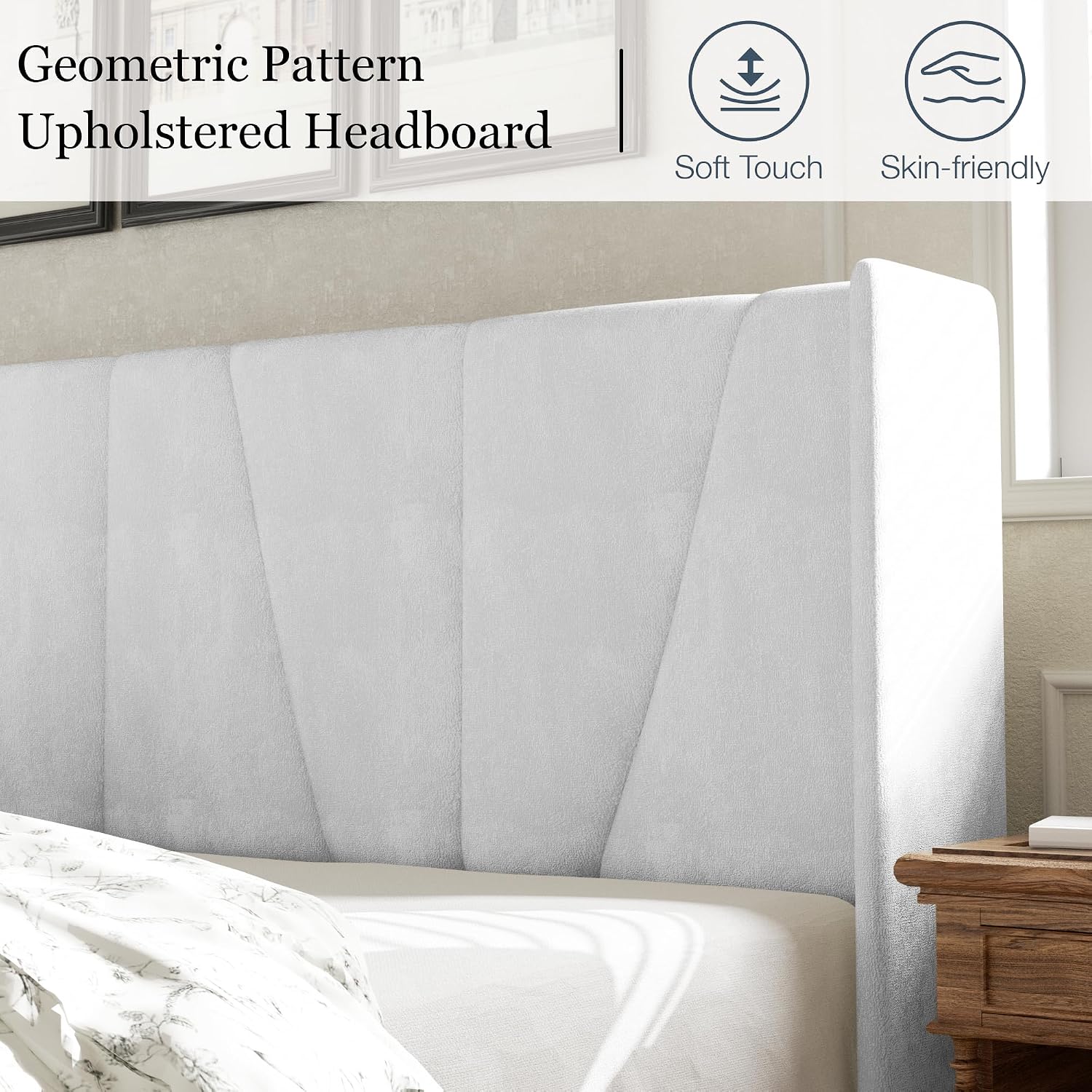 HAOARA Full Bed Frame with Headboard, Velvet Upholstered Platform Bed Frames with Wingboard, Contemporary Mattress Foundation, Noise Free, No Box Spring Needed, Easy Assembly, White
