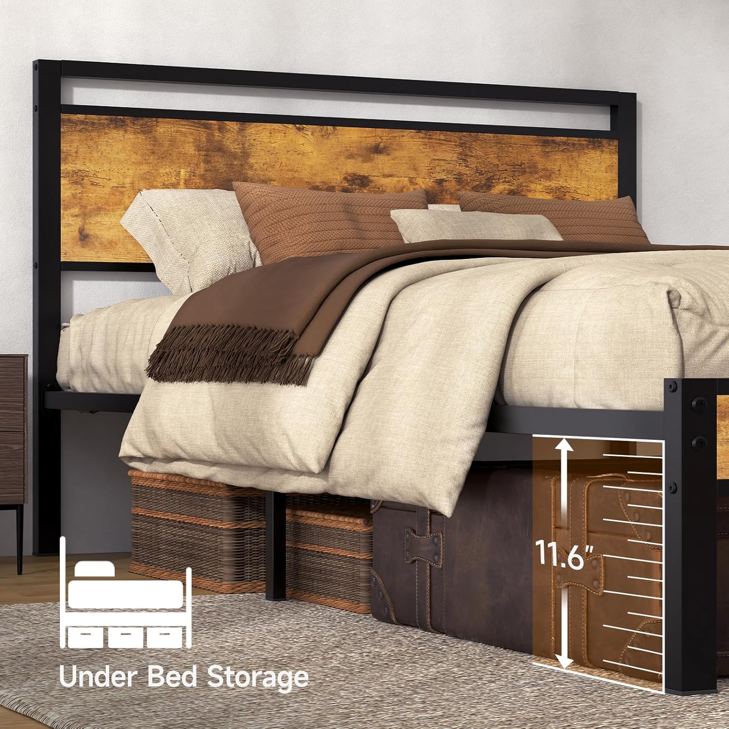 King Metal Bed Frame with Wooden Headboard and Footboard, Heavy Duty Platform Frame with Metal Slats, No Box Spring Needed, Quiet and Non-Slip Design, Space Saving Bed Frame for Bedroom, Vintage Brown