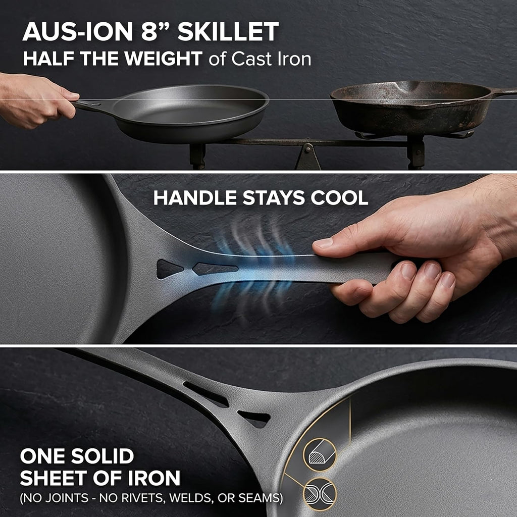 SOLIDTEKNICS 8' Outdoor Skillet Set – Naturally Seasoned Australian Iron Skillet with Lil Flippa Stainless Flipper & Mini Pan Scraper Lightweight Camping Cookware for Grill & Campfire Cooking