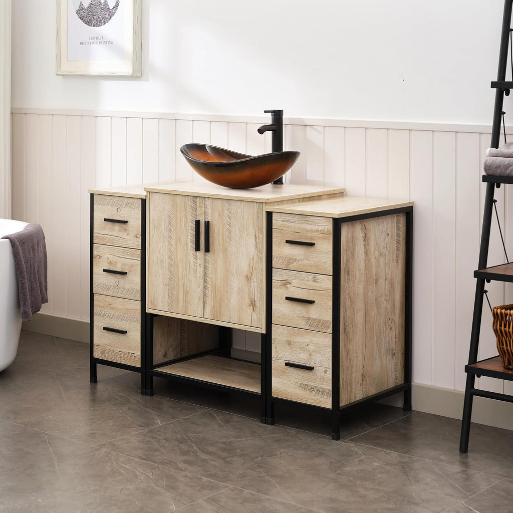 UEV 48' Rustic Oak Bathroom Vanity with Sink Combo,Industrial Iron Frame Bathroom Cabinet Sets with Double 3 Drawers Side Cabinet,Modern Brown Boat Tempered Glass Vessel Sink(029BR)