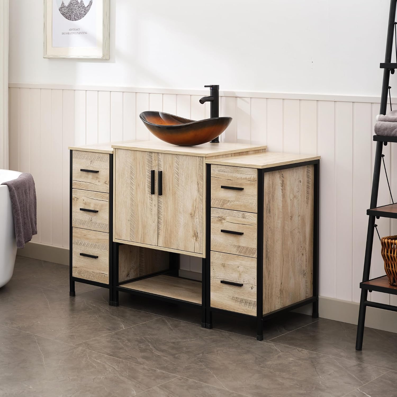 UEV 48' Rustic Oak Bathroom Vanity with Sink Combo,Industrial Iron Frame Bathroom Cabinet Sets with Double 3 Drawers Side Cabinet,Modern Brown Boat Tempered Glass Vessel Sink(029BR)