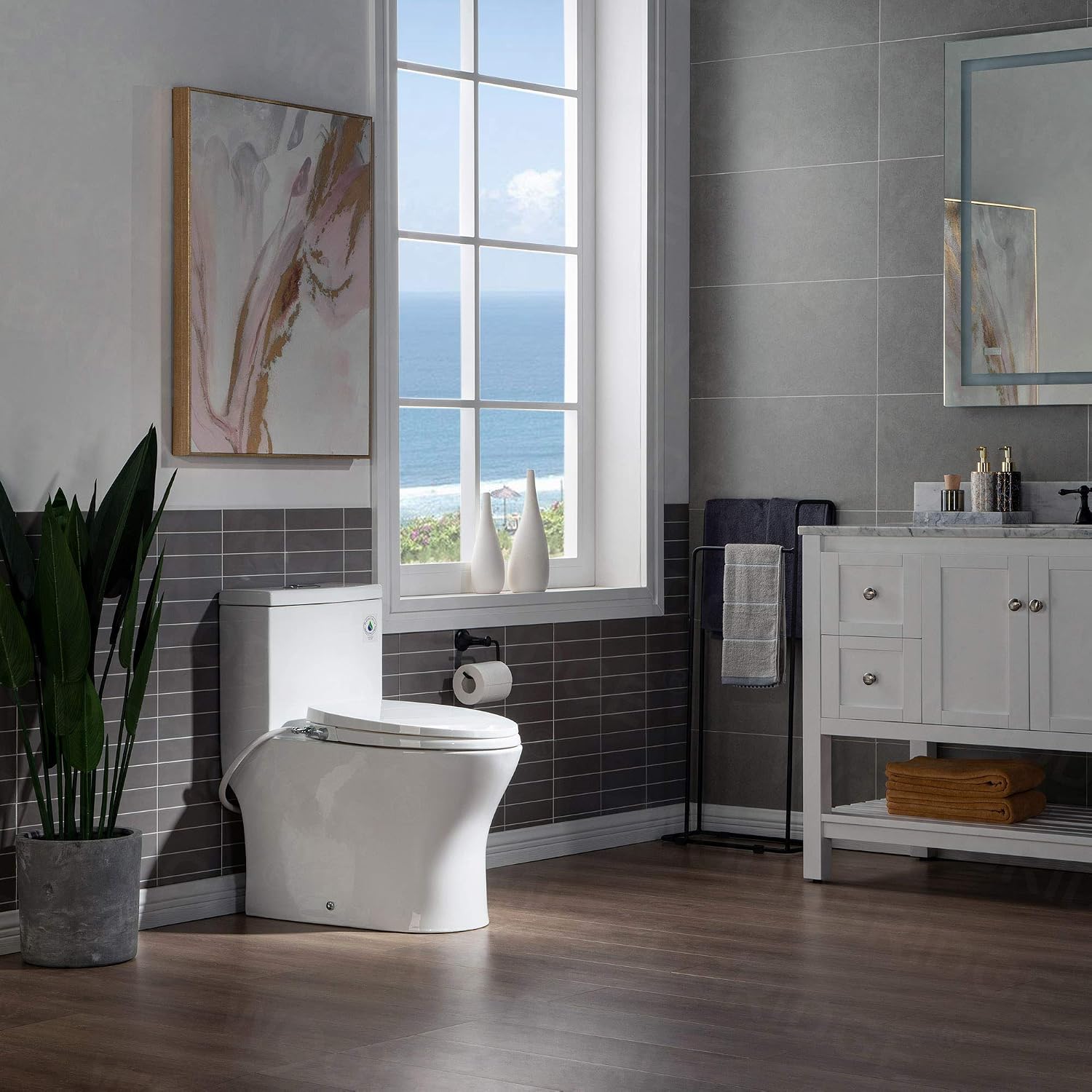 WOODBRIDGE T-0045 Modern One Piece Elongated High Effiency Toilet with Manual Operated Soft-Closed Bidet Seat, White