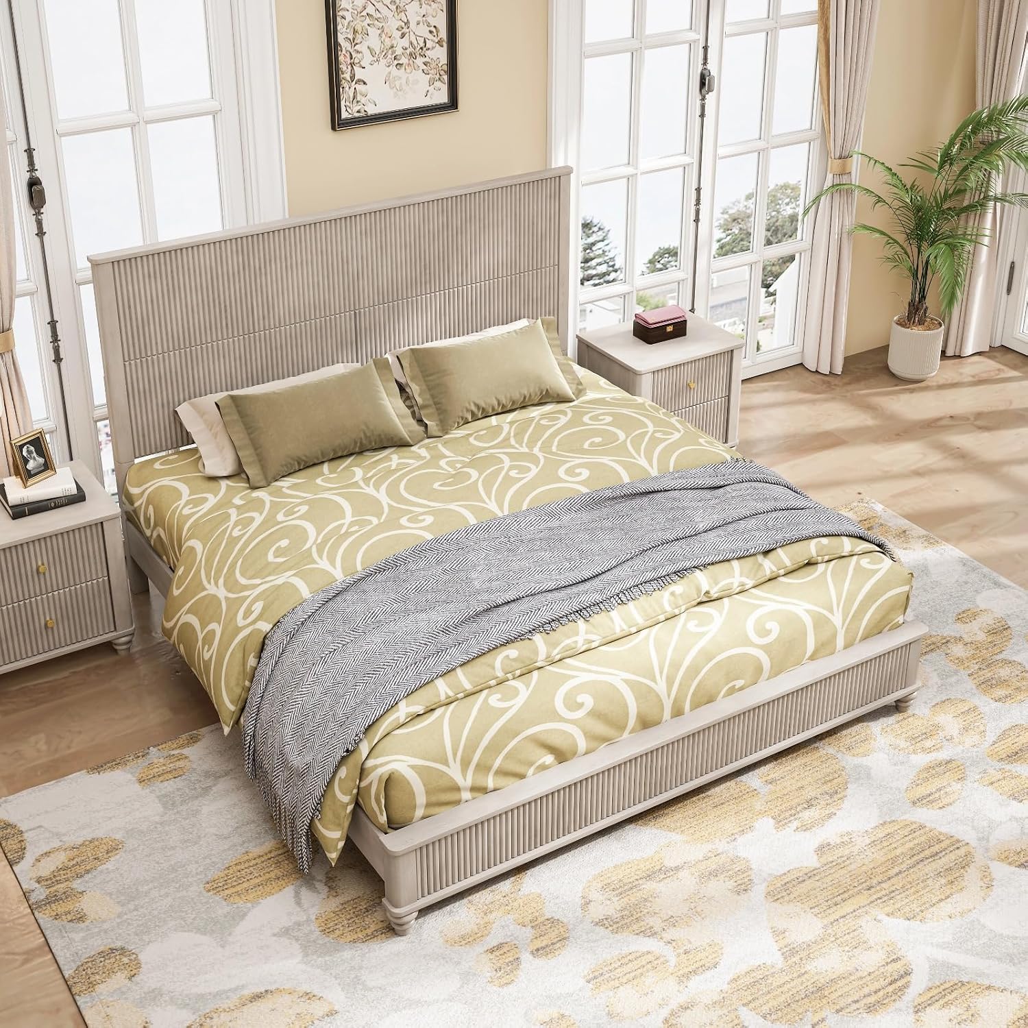 Wood King Size Bed Frame,King Size Platform Bed with Headboard,Tall Walnut Finish,No Box Spring Needed, Durable Slat Support for Memory Foam Mattresses, Elegant Design,Beige