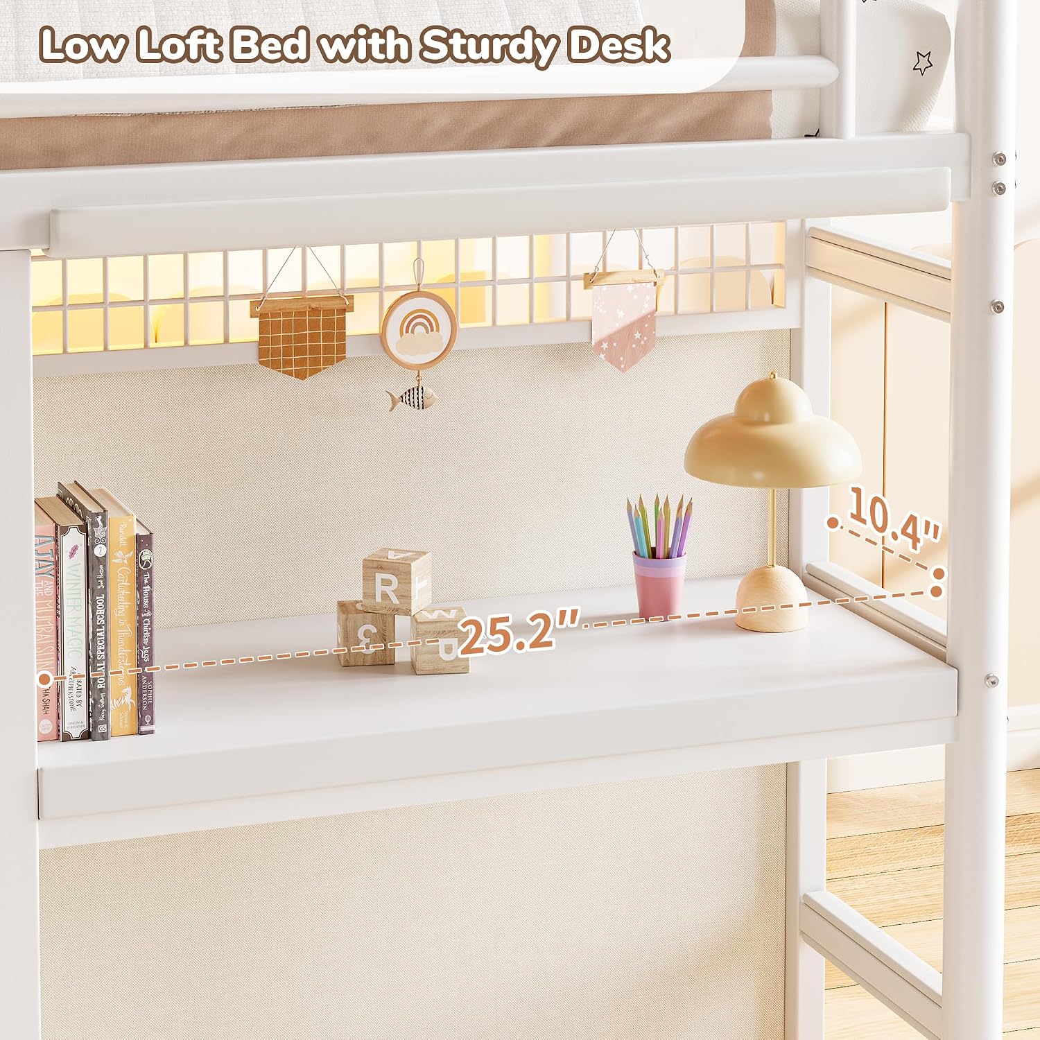 Low Loft Bed Twin Size with 7 Storage Drawers, Desk and LED Lights, Heavy Duty Metal Kids Loft Bed with 12' H Safety Guardrail, Anti-Collision Pad, Private Play Curtain, Under-Bed Play Space - White