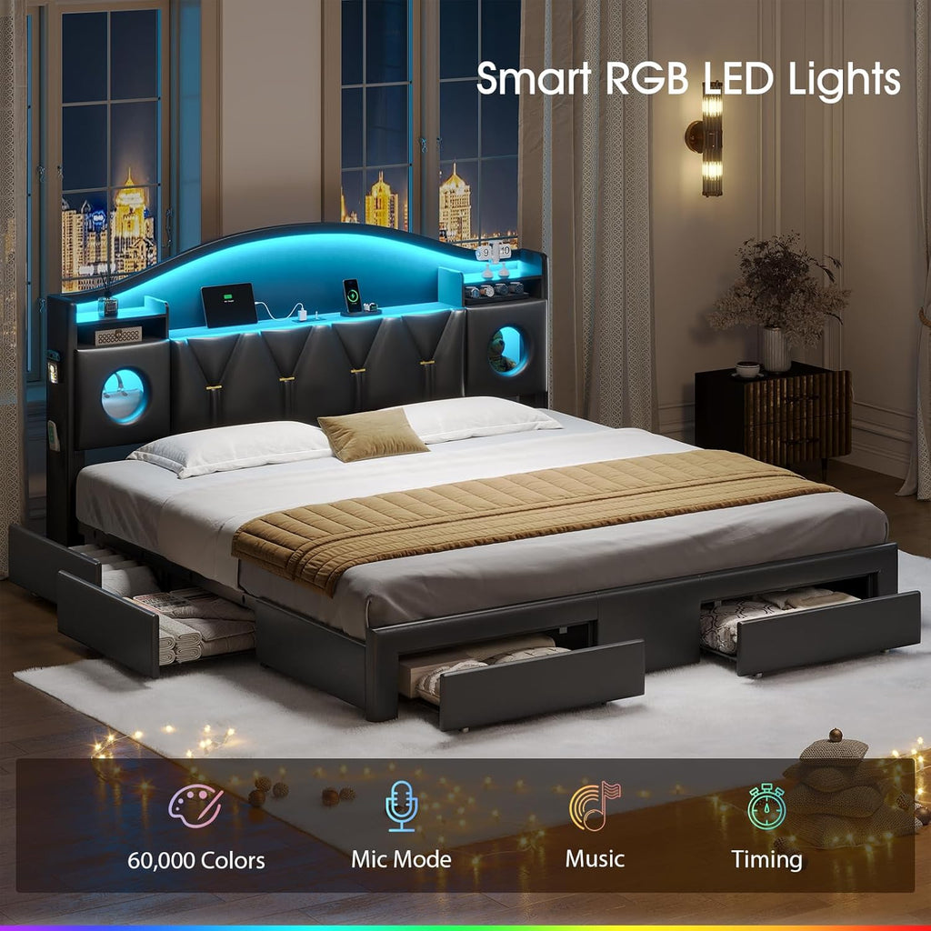King Size Bed Frame,Platform Bed Frame King Size with 6 Storage Drawers & Headboard, King Bed with LED Lights&Charging Station,Sturdy Metal Slats,Noise-Free,No Box Spring Needed,Easy Assembly,PU Black