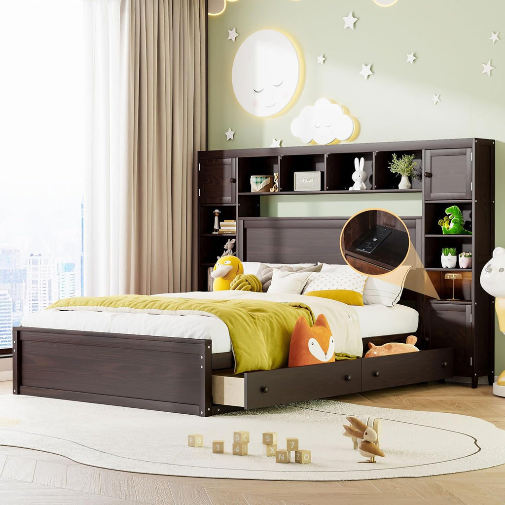 Harper & Bright Designs Queen Storage Bed with Bookcase Headboard, Queen Size Platform Bed with 4 Storage Drawers, Solid Wood Queen Bed Frame with Cabinet and Shelf, No Box Spring Needed (Espresso)