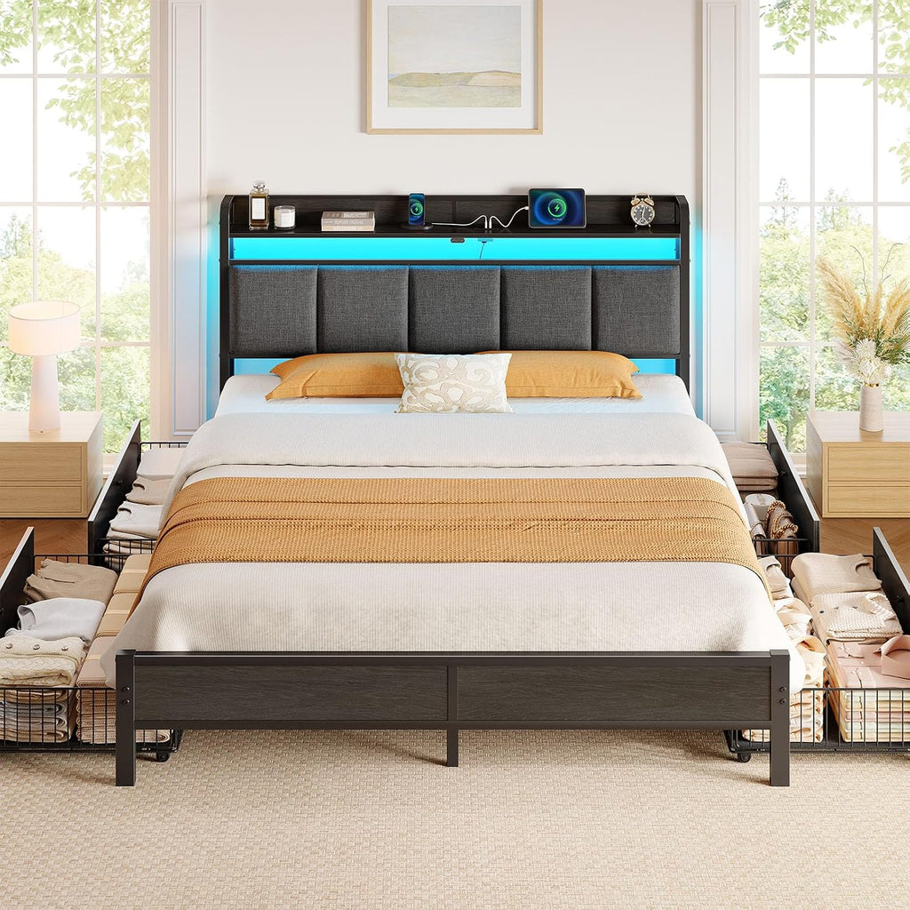 Rolanstar Bed Frame Queen Size with Charging Station and LED Lights, Upholstered Storage Headboard with Drawers, Heavy Duty Metal Slats, No Box Spring Needed, Noise Free, Easy Assembly, Dark Grey