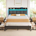 Rolanstar Bed Frame Queen Size with Charging Station and LED Lights, Upholstered Storage Headboard with Drawers, Heavy Duty Metal Slats, No Box Spring Needed, Noise Free, Easy Assembly, Dark Grey