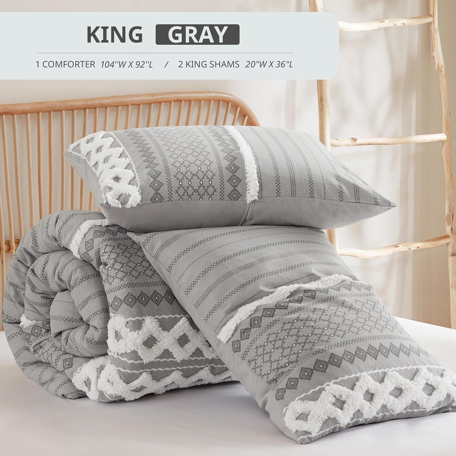 INK+IVY King Comforter Set, Boho Comforters, Breathable Cotton Bed Set, All Season Modern Chenille Tufted Comforter with Farmhouse Bedding Flare, Gifts for Woman, Gray 3 Piece