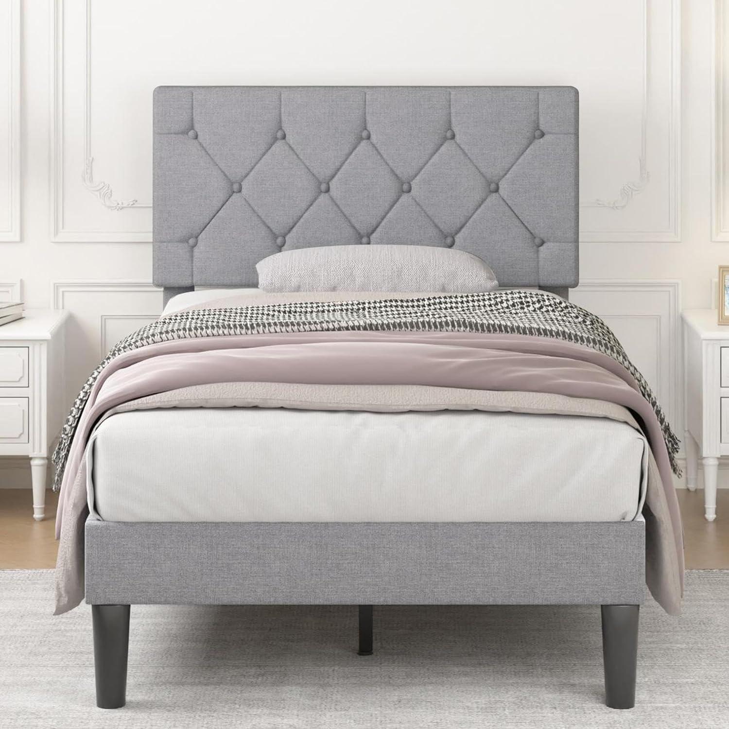 VECELO Twin Bed Frame with Button Tufted Headboard, Upholstered Platform Bedframe with Wood Slat Support, No Box Spring Needed, Dark Grey