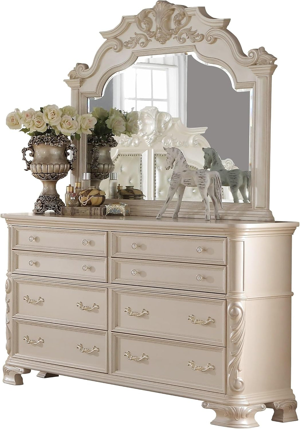 First of a Kind Victoria Off White Traditional 5 Piece Queen Bedroom Set with Upholstered Tufted Headboard Elegant European Inspired Design Coordinated Furniture Collection