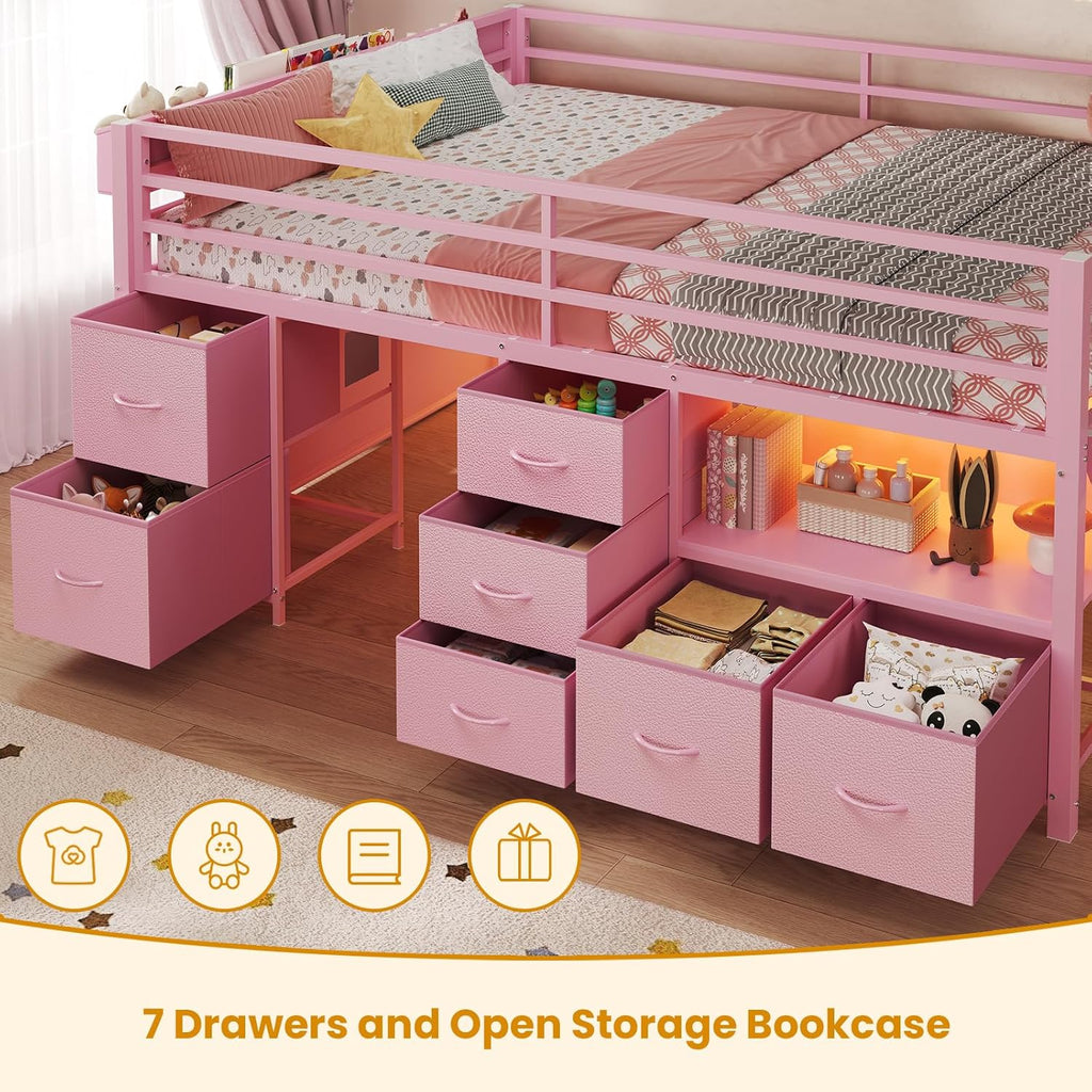ADORNEVE Low Loft Bed Full Size with 7 Storage Drawers, Bookcase and LED Lights, Metal Kids Loft Bed with 14' H Safety Guardrail,Inclined Ladder and Play Curtain, Under-Bed Play Space, Pink