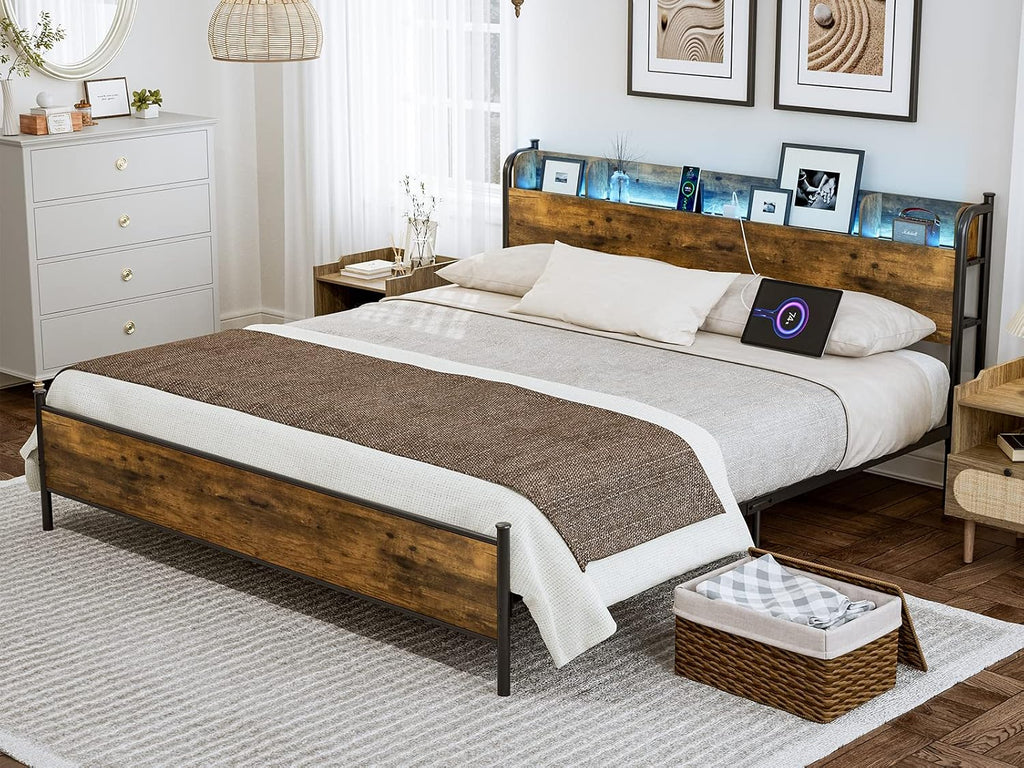 IKIFLY King Size Bed Frame with Storage Shelf Headboard & Charging Station, Industrial Metal King Platform Bed with LED Lights, Strong Metal Slats Support, No Box Spring Needed, Rustic Brown