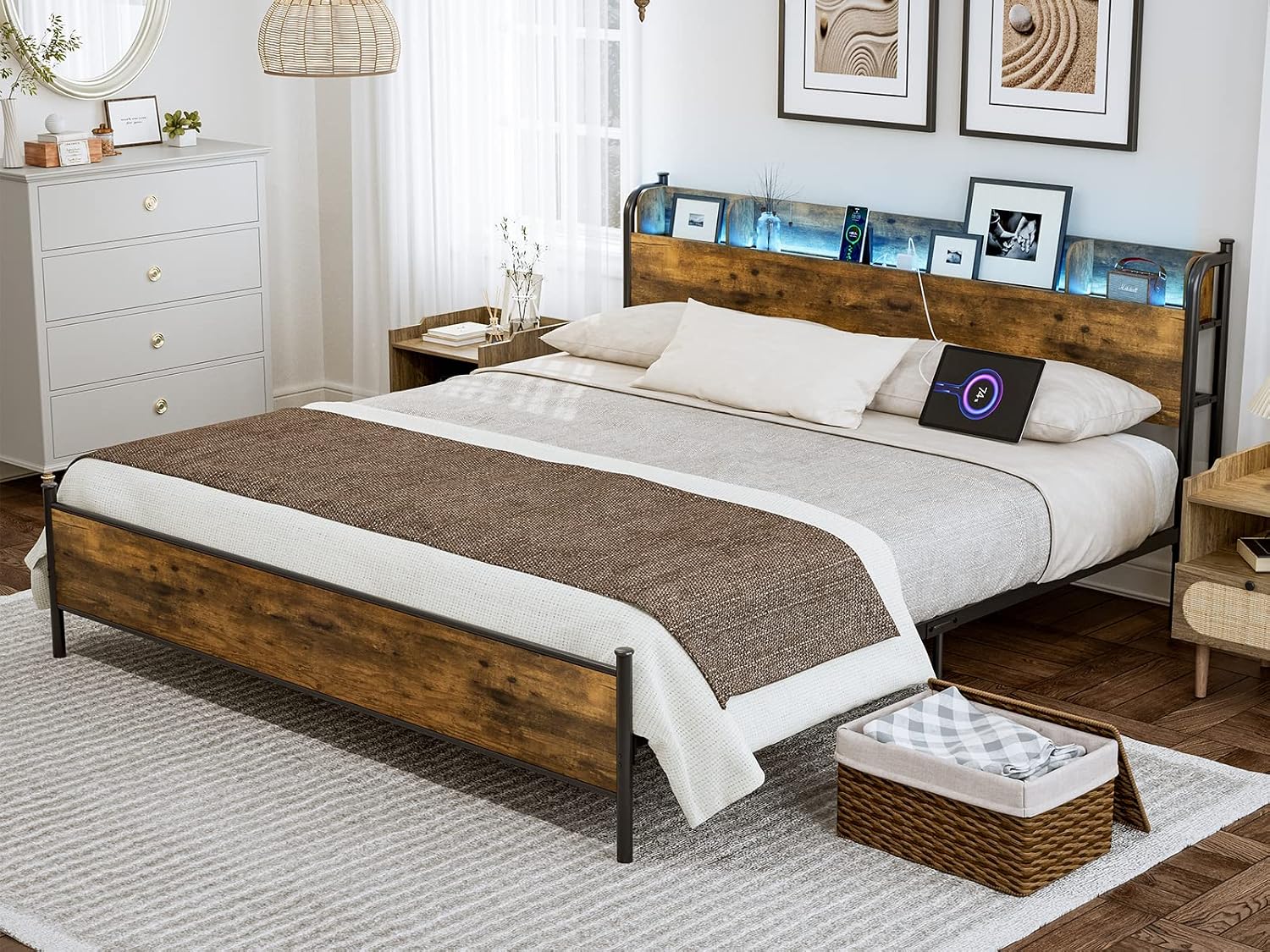 IKIFLY King Size Bed Frame with Storage Shelf Headboard & Charging Station, Industrial Metal King Platform Bed with LED Lights, Strong Metal Slats Support, No Box Spring Needed, Rustic Brown