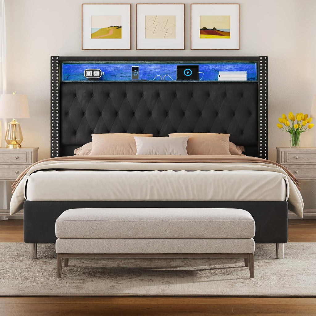 Jocisland 53.2'' King Size Bed Frame with Tall Storage Headboard, LED Lights & Charging Station, Velvet High Upholstered Button Tufted Wingback Platform Bed, No Box Spring Needed, Black