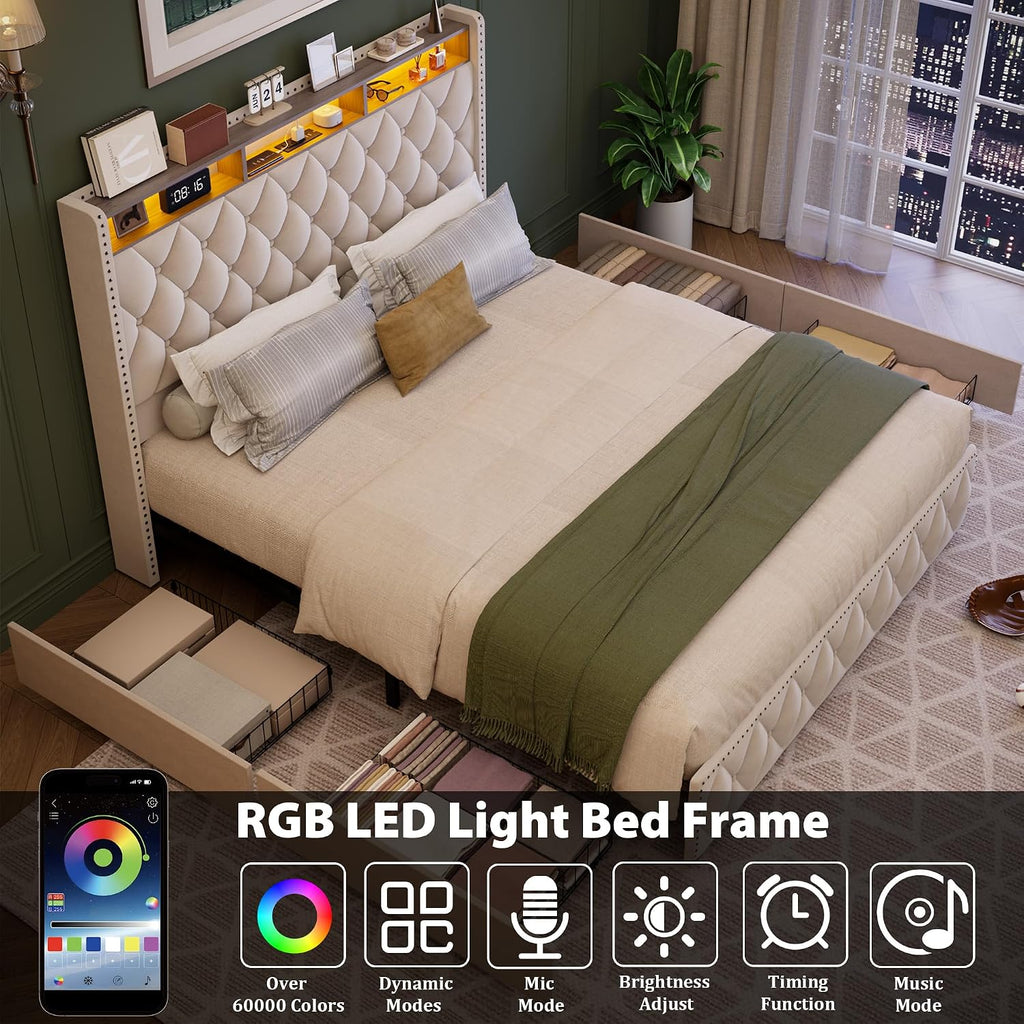 GarveeHome Queen Bed Frame with 50.8 in Tall Headboard, Platform Velvet Upholstered Bed Frame with 4 Storage Drawers, USB Charging Station, Led Lights, No Box Spring Needed, Easy Assembly, Beige