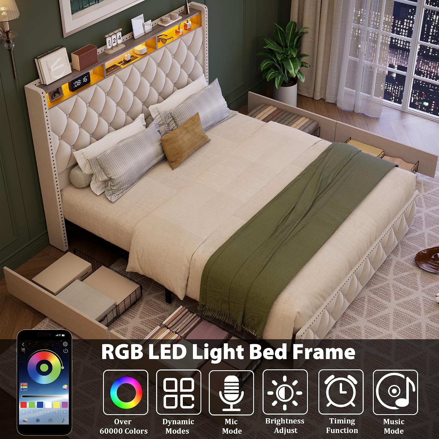 GarveeHome Queen Bed Frame with 50.8 in Tall Headboard, Platform Velvet Upholstered Bed Frame with 4 Storage Drawers, USB Charging Station, Led Lights, No Box Spring Needed, Easy Assembly, Beige