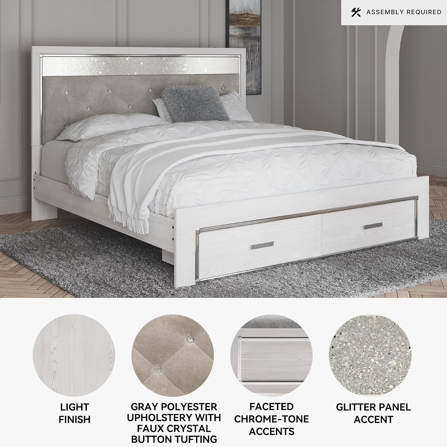 Signature Design by Ashley Altyra Contemporary Adjustable Tufted King Upholstered Storage Platform Bed with LED Lights and 2 Drawers, Foundation or Box Spring Not Needed, White & Gray