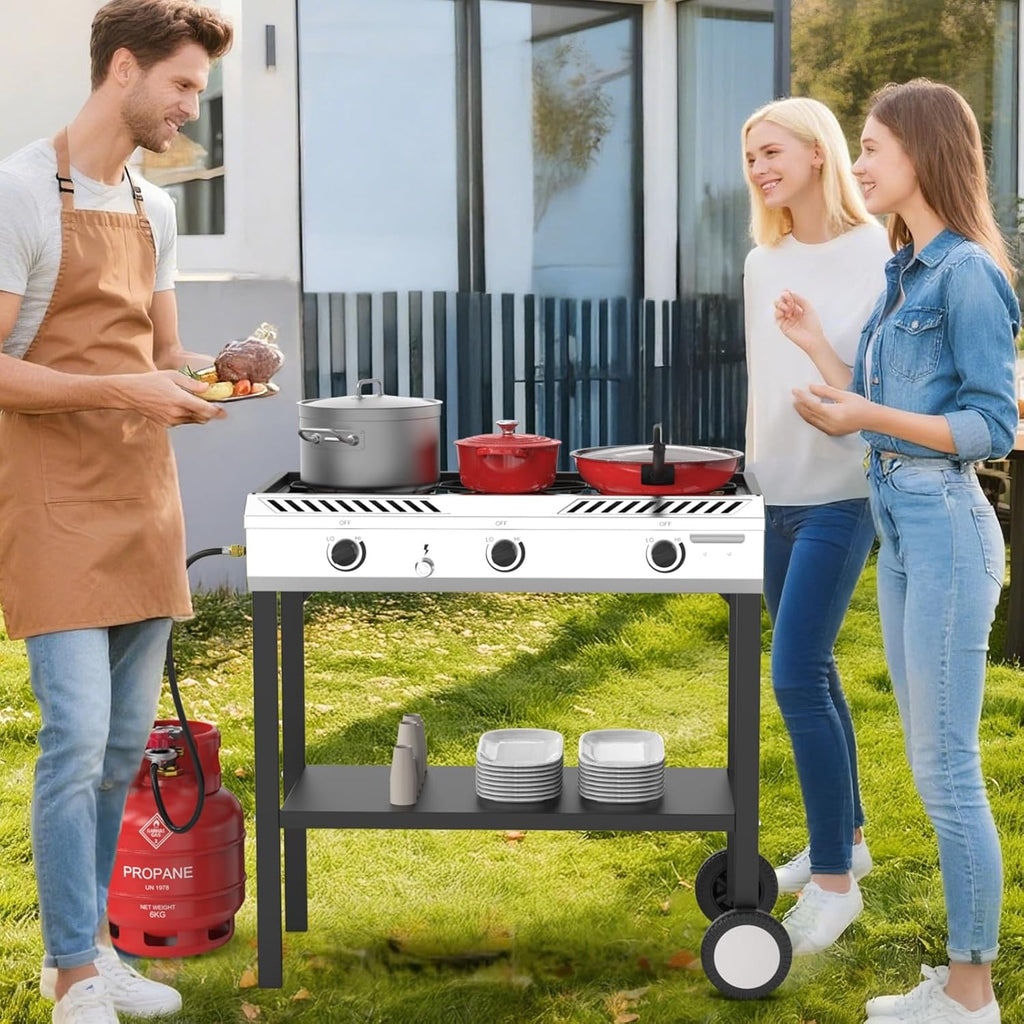 Bonnlo 3 Burner Propane Stove with Inginition, 225000BTU Gas Stove with Storage Shelf and Portable Rolling Wheels, Gas Burner for Outdoor Camping Patio Backyard Cooking Boiling Frying Stewing