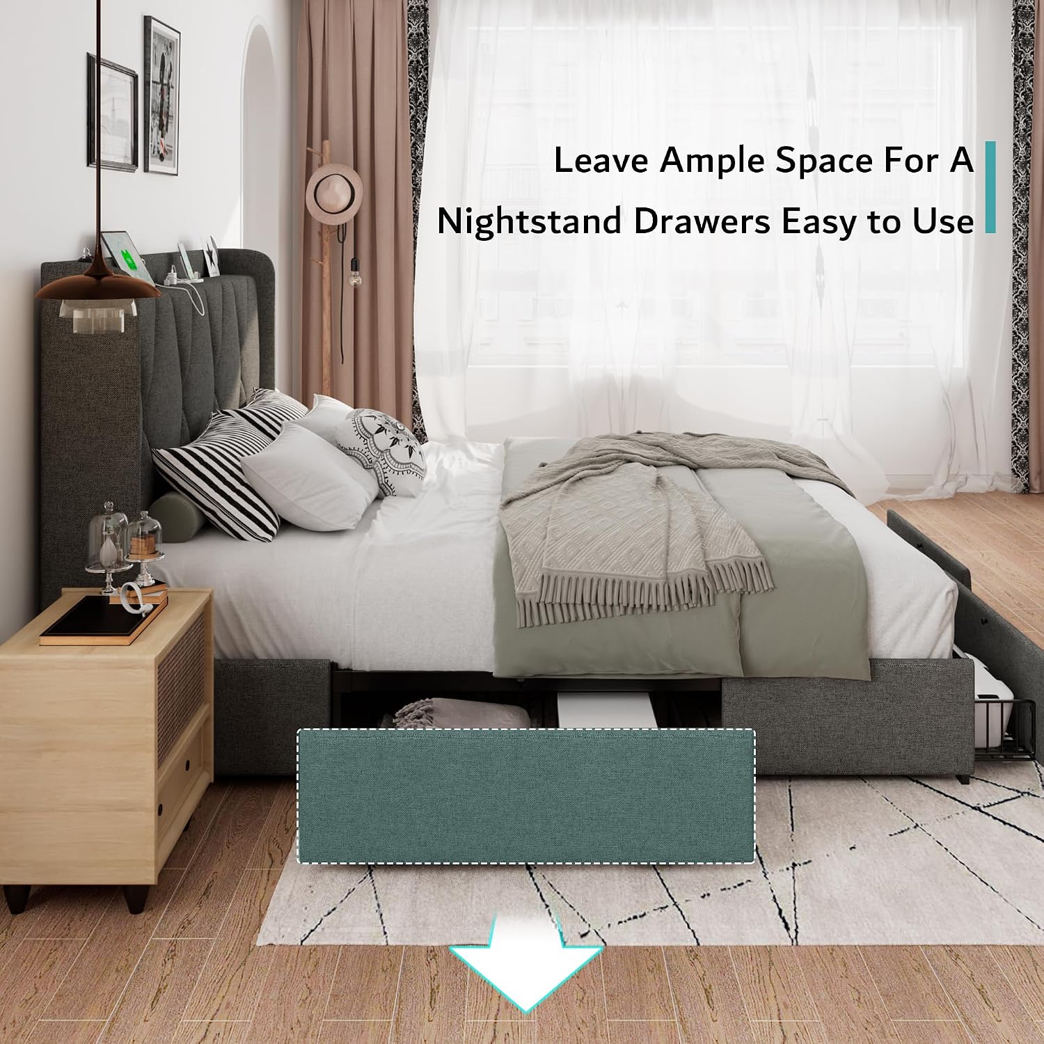 iPormis Full Size Bed Frame with 4 Storage Drawers, Upholstered Platform Bed Frame with Charging Station, Modern Wingback Storage Headboard, Easy Assembly, Dark Grey