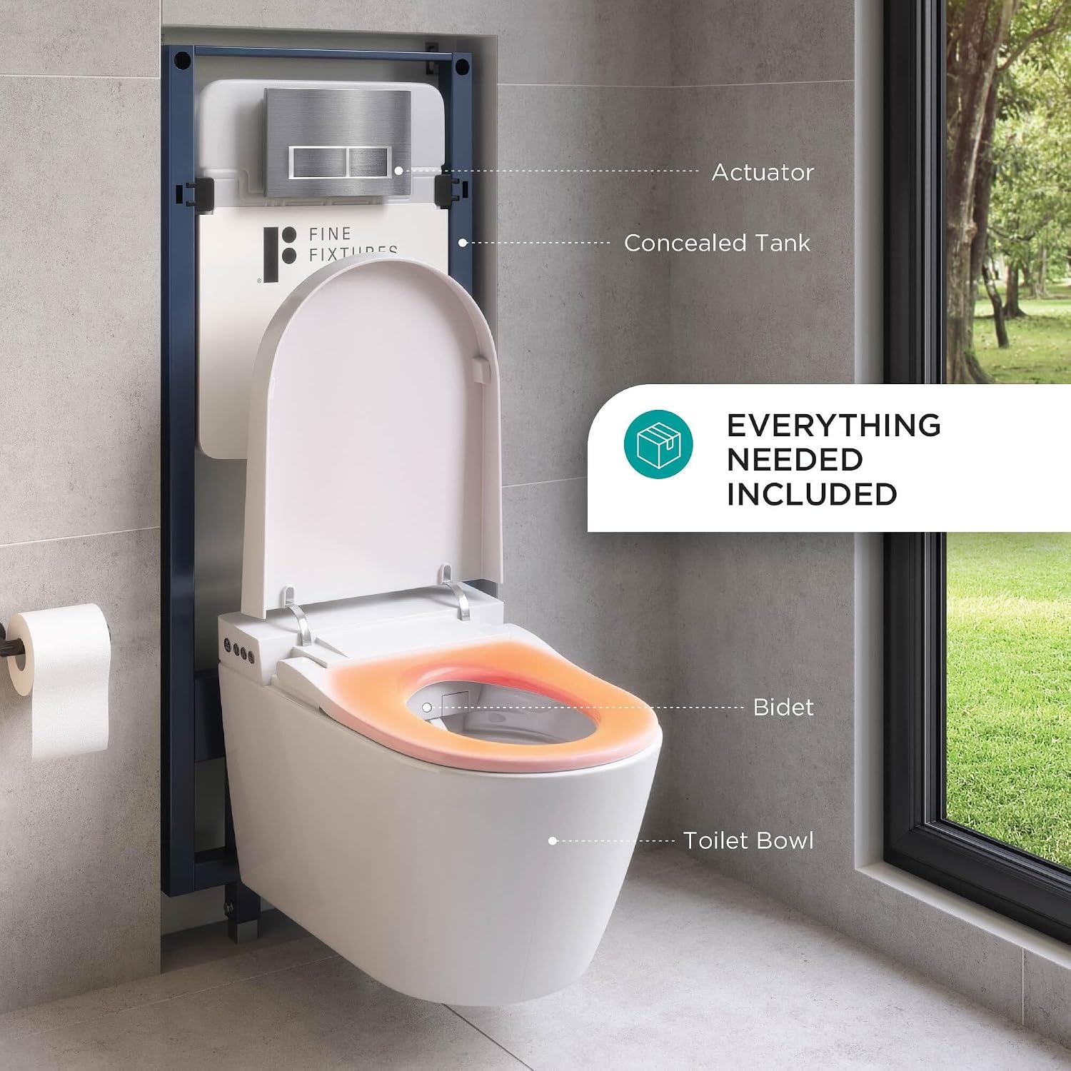 Aqueous In-Wall Smart Toilet Combo Set – Complete System with Toilet Bowl, Bidet Toilet Seat, Tank, Carrier for 2x4 Studs, Chrome Push Buttons, Round and Elongated Compatibility