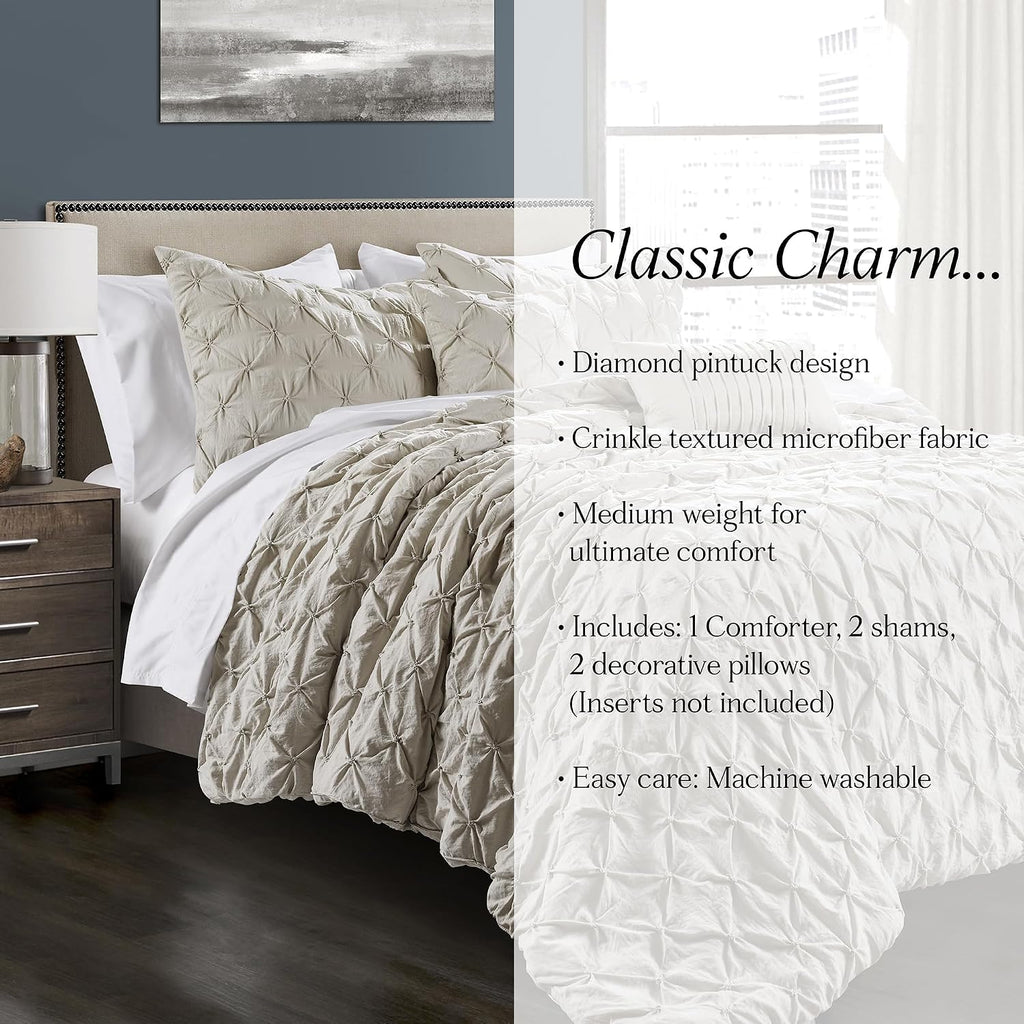Lush Decor Ravello Pintuck Comforter Set - Luxe 5 Piece Textured Bedding Set - Traditional Glam & Farmhouse Inspired Bedroom Decor - Full/ Queen, Wheat