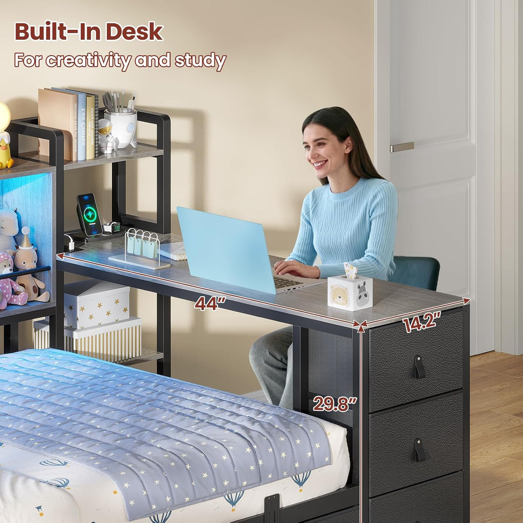 ADORNEVE Corner Bed Frame Twin Size with Desk, Storage Bookcase & 7 Drawers, Twin Metal Platform Daybed with Charging Station and RGB Lights, for Kids Bedroom, Black&Oak Gray