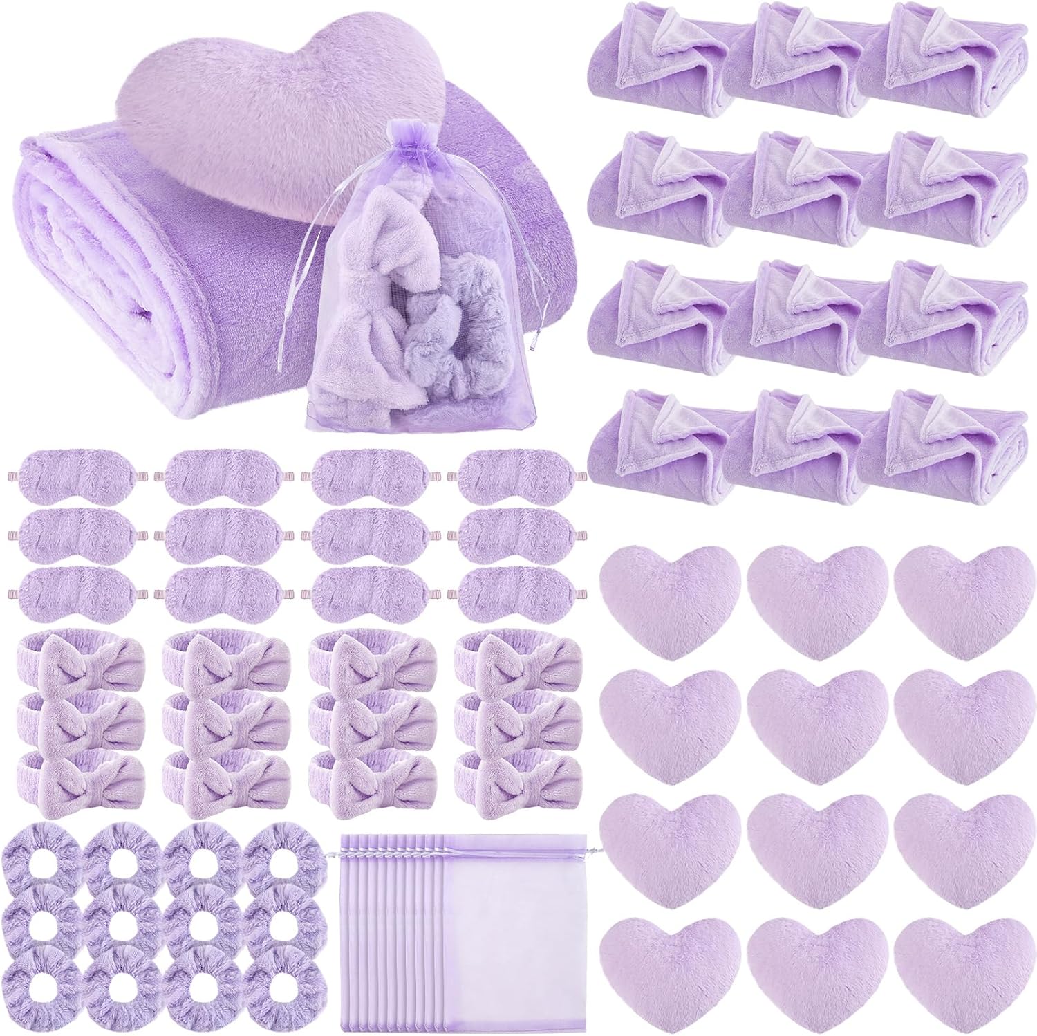 Fanfanwin 72 Pcs Sleepover Party Supplies for Girl Spa Slumber Birthday Favors Throw Blanket Pillow Eye Mask Headband Scrunchies (Solid Color,Purple)