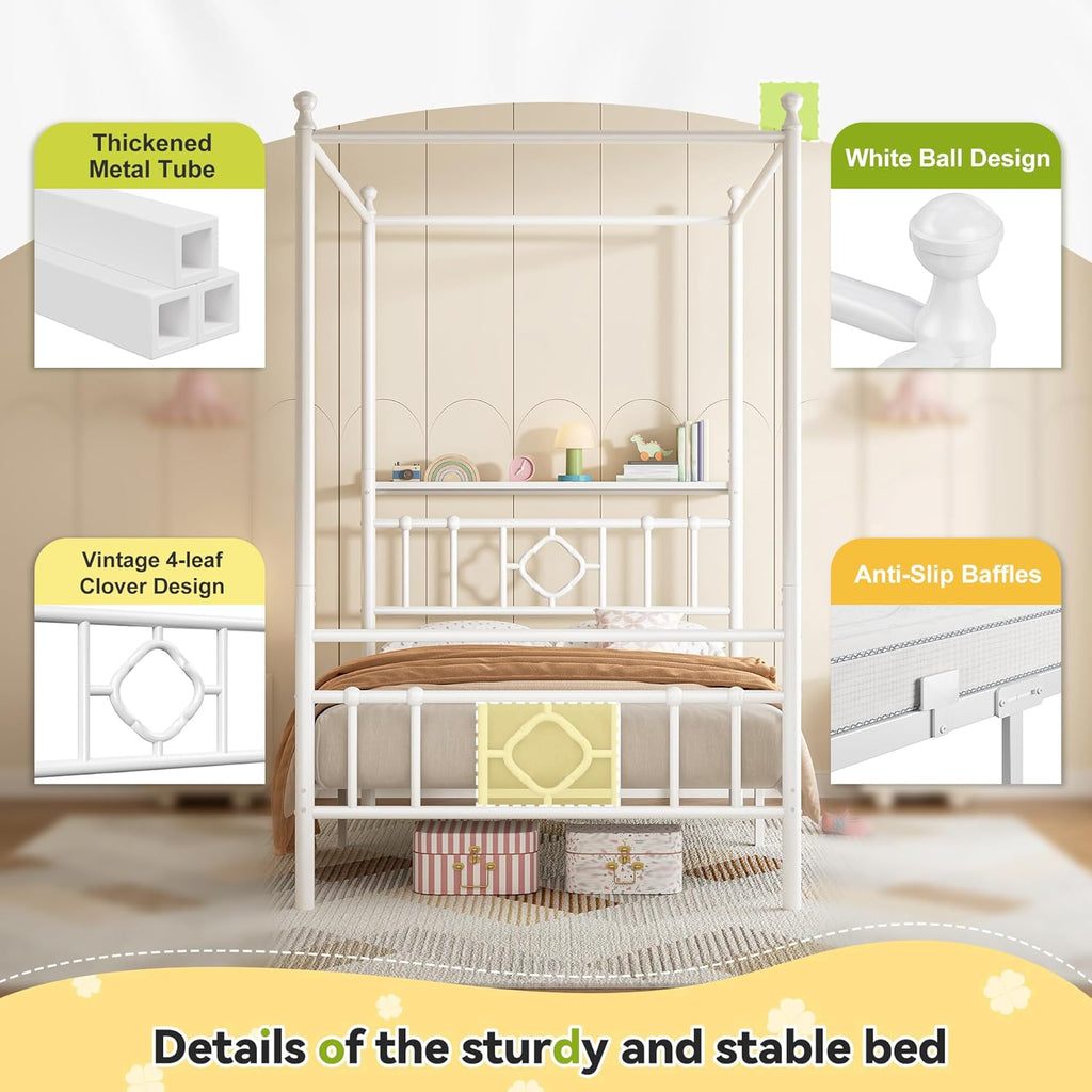 Homkdom Canopy Bed Frame with Storage Headboard, Twin Size Bed Frame with 4 Removable Posts, Sturdy Metal Platform with Under-Bed Storage, Dual Purpose Bed Frame, No Box Spring Needed, White