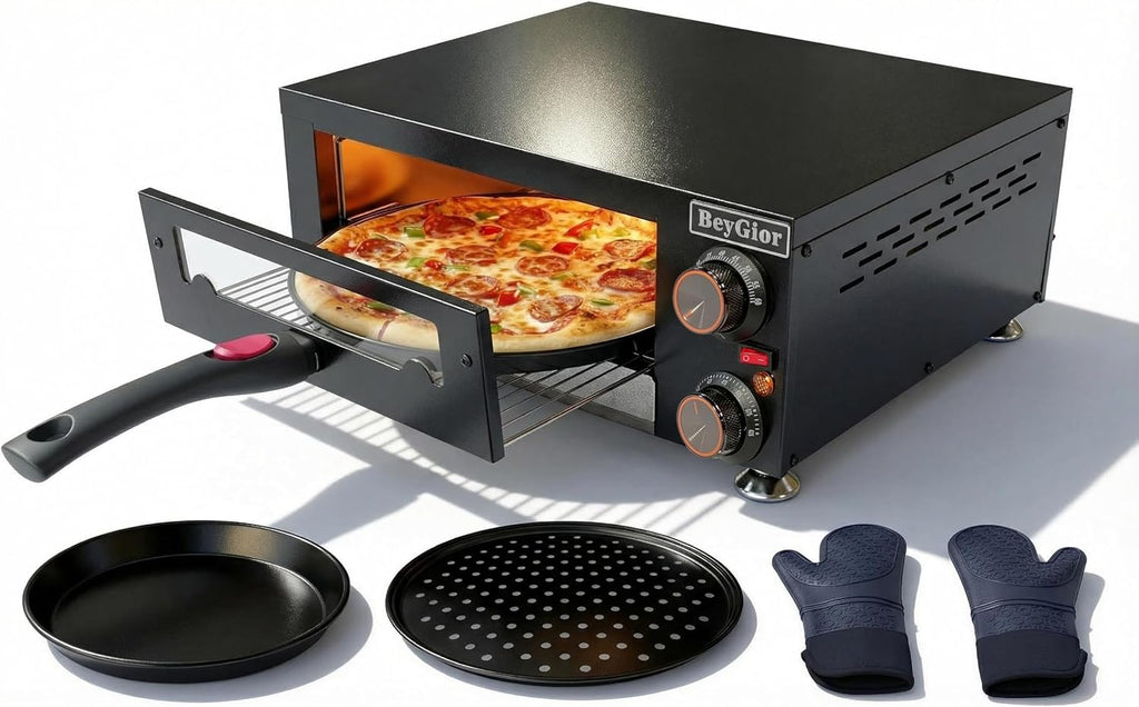 Electric Pizza Oven Indoor,12 inch Countertop Pizza Maker with Viewing Window,Stainless Steel Commercial Pizza Oven, Removable Handle,Dual Baking Trays and Oven Mitts