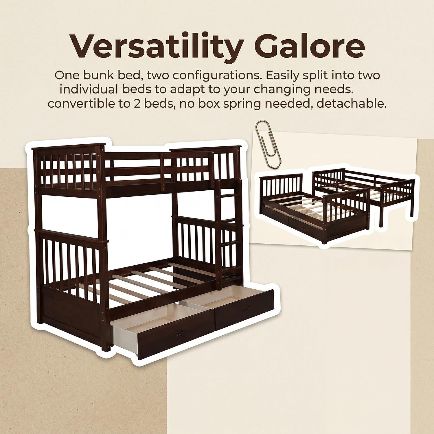 Harper & Bright Designs Twin-Over-Twin Bunk Bed with Two Storage Drawers, Solid Wood Twin Size Bunk Bed with Guardrial and Removble Ladder, Can be Converted Into 2 Separate Beds, Espresso
