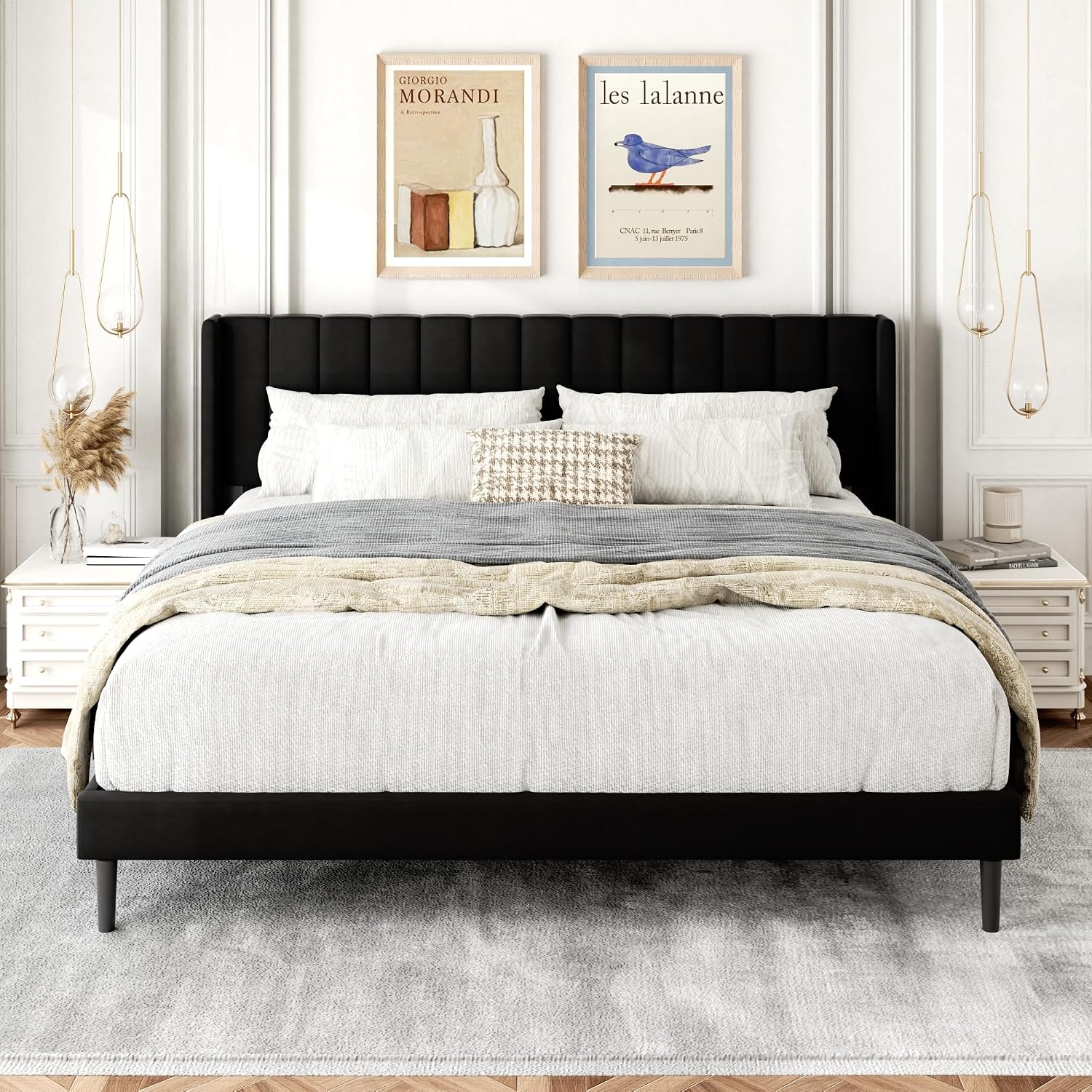 Gruwans King Size Bed Frame with Wingback Headboard, Upholstered Platform Bed, No Box Spring Needed, Sturdy Wooden Slat Support, Easy Assembly, Black